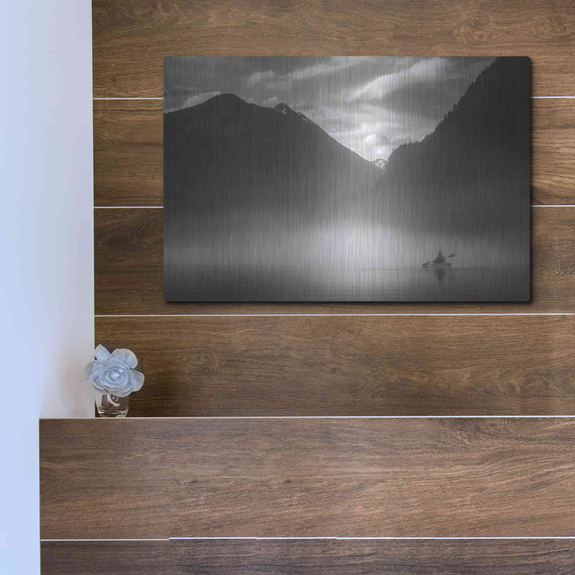 Luxe Metal Art  'Kayaker In The Mountain Mist'  by Don Schwartz, Metal Wall Art,16x12