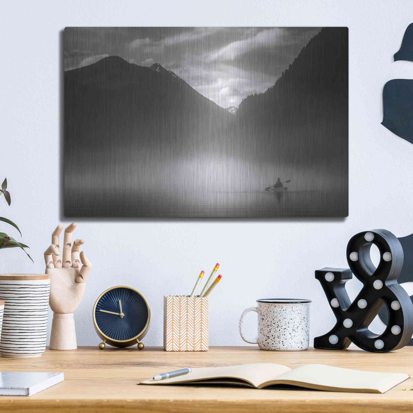 Luxe Metal Art  'Kayaker In The Mountain Mist'  by Don Schwartz, Metal Wall Art,16x12
