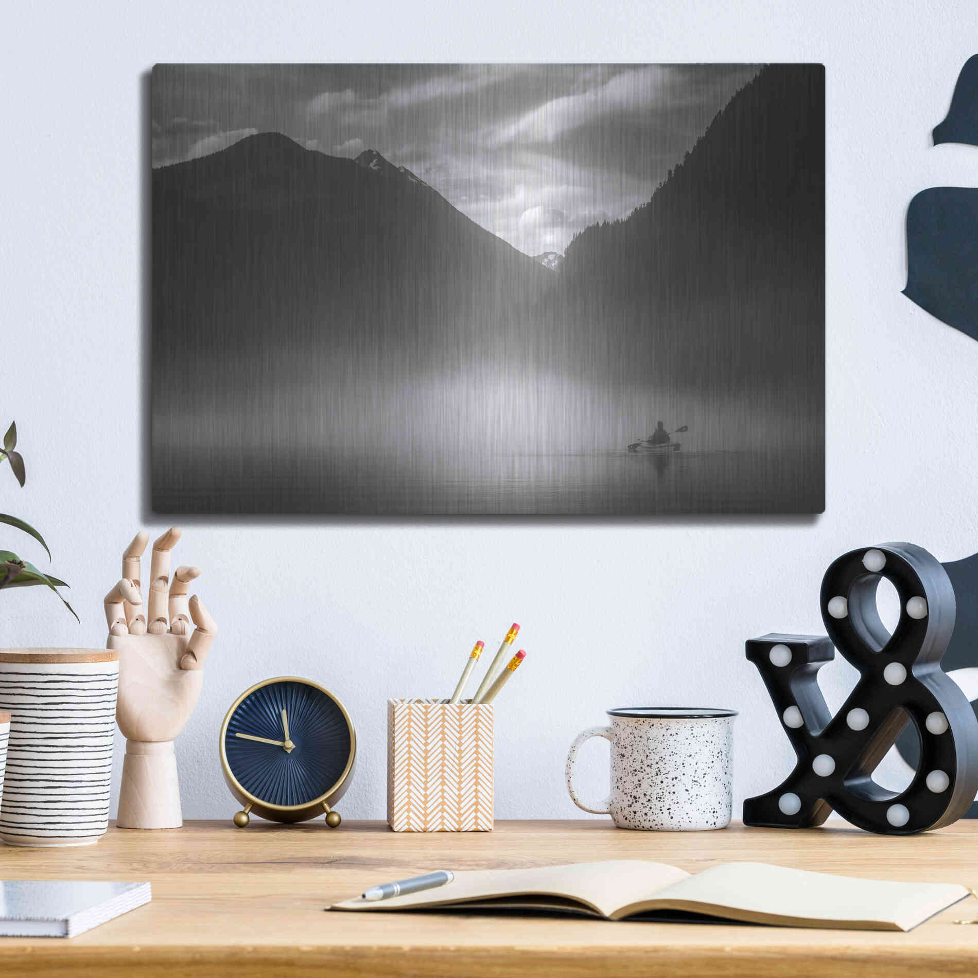 Luxe Metal Art  'Kayaker In The Mountain Mist'  by Don Schwartz, Metal Wall Art,16x12