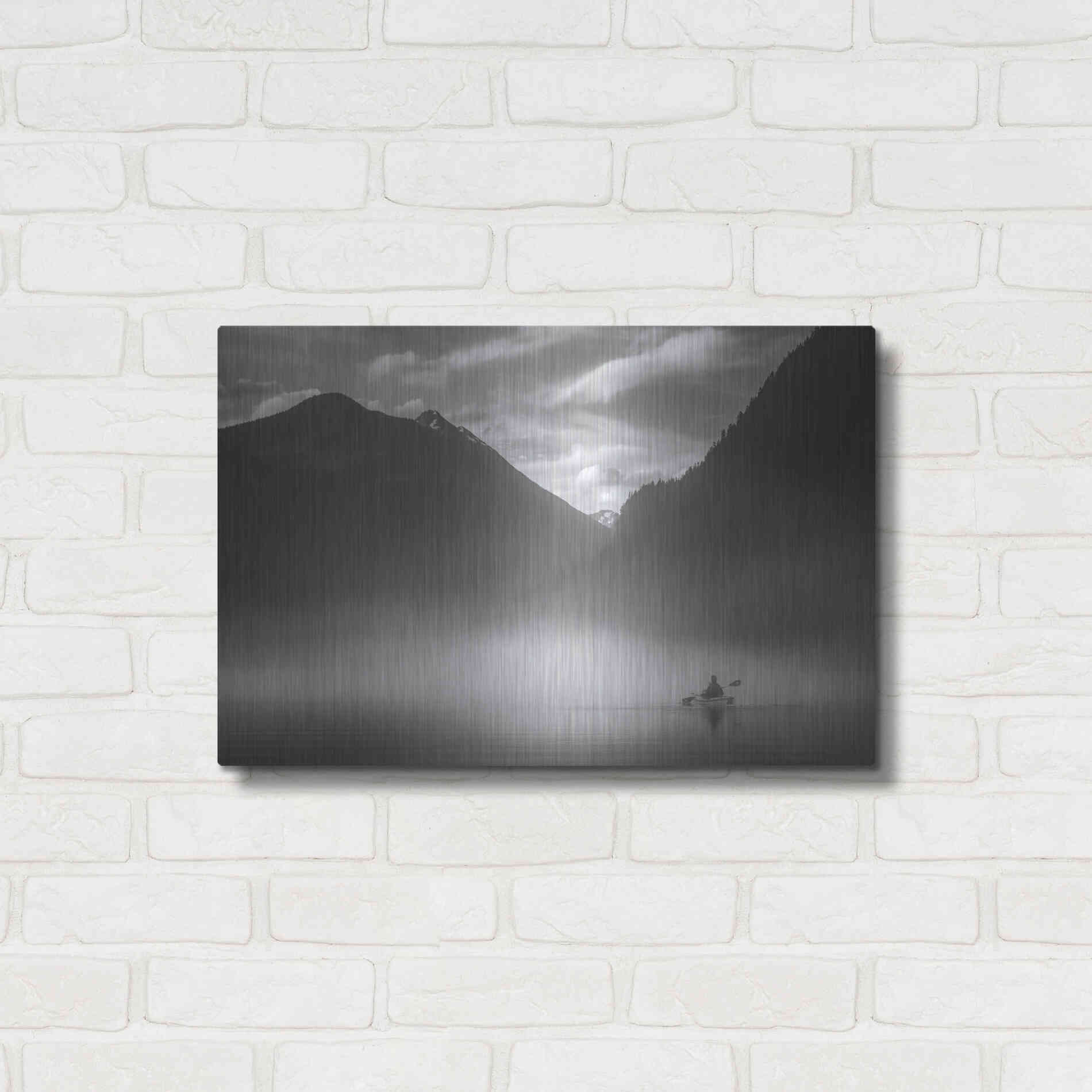 Luxe Metal Art  'Kayaker In The Mountain Mist'  by Don Schwartz, Metal Wall Art,24x16