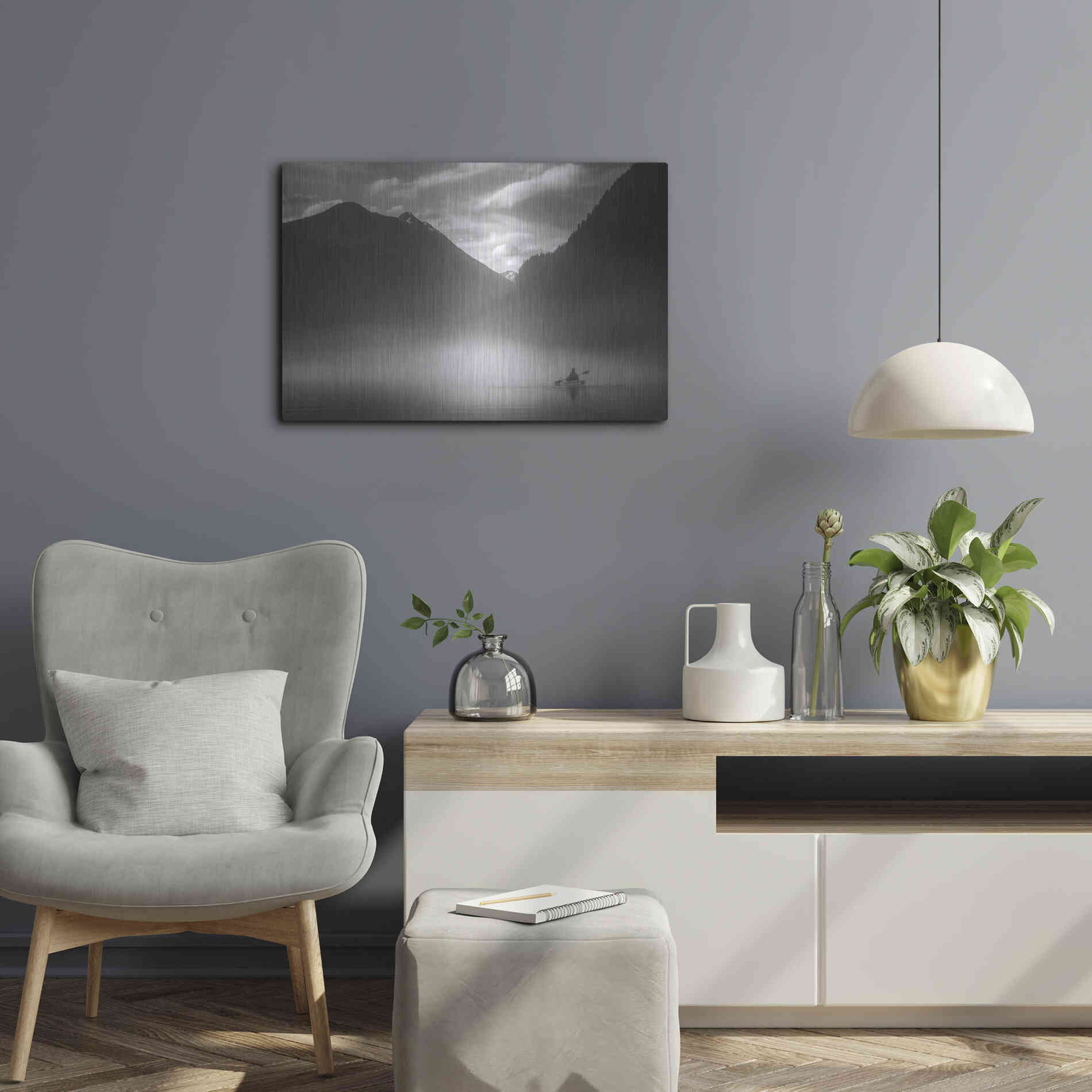 Luxe Metal Art  'Kayaker In The Mountain Mist'  by Don Schwartz, Metal Wall Art,24x16