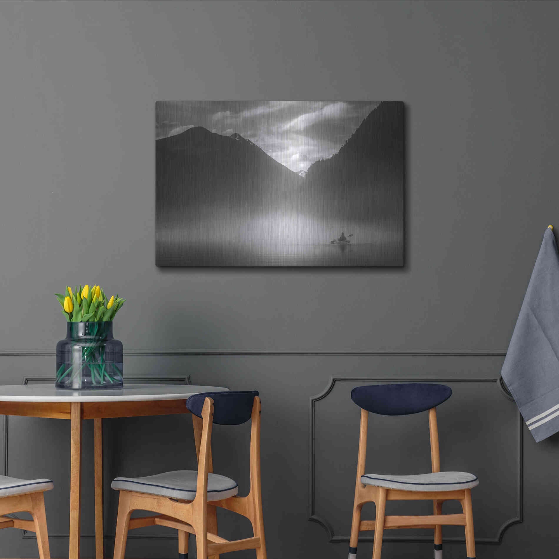 Luxe Metal Art  'Kayaker In The Mountain Mist'  by Don Schwartz, Metal Wall Art,36x24