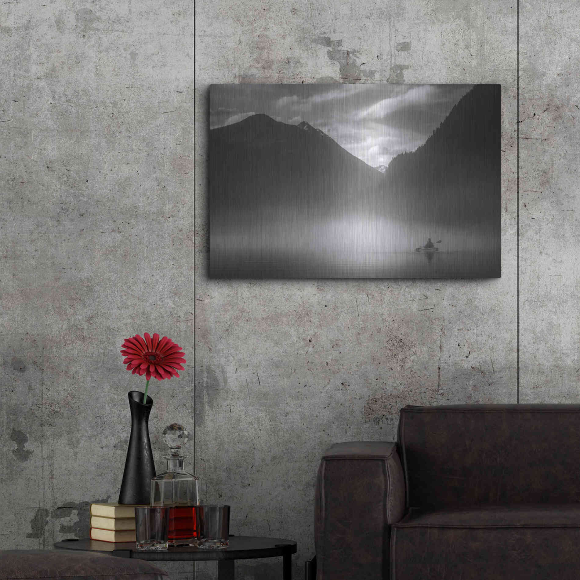 Luxe Metal Art  'Kayaker In The Mountain Mist'  by Don Schwartz, Metal Wall Art,36x24