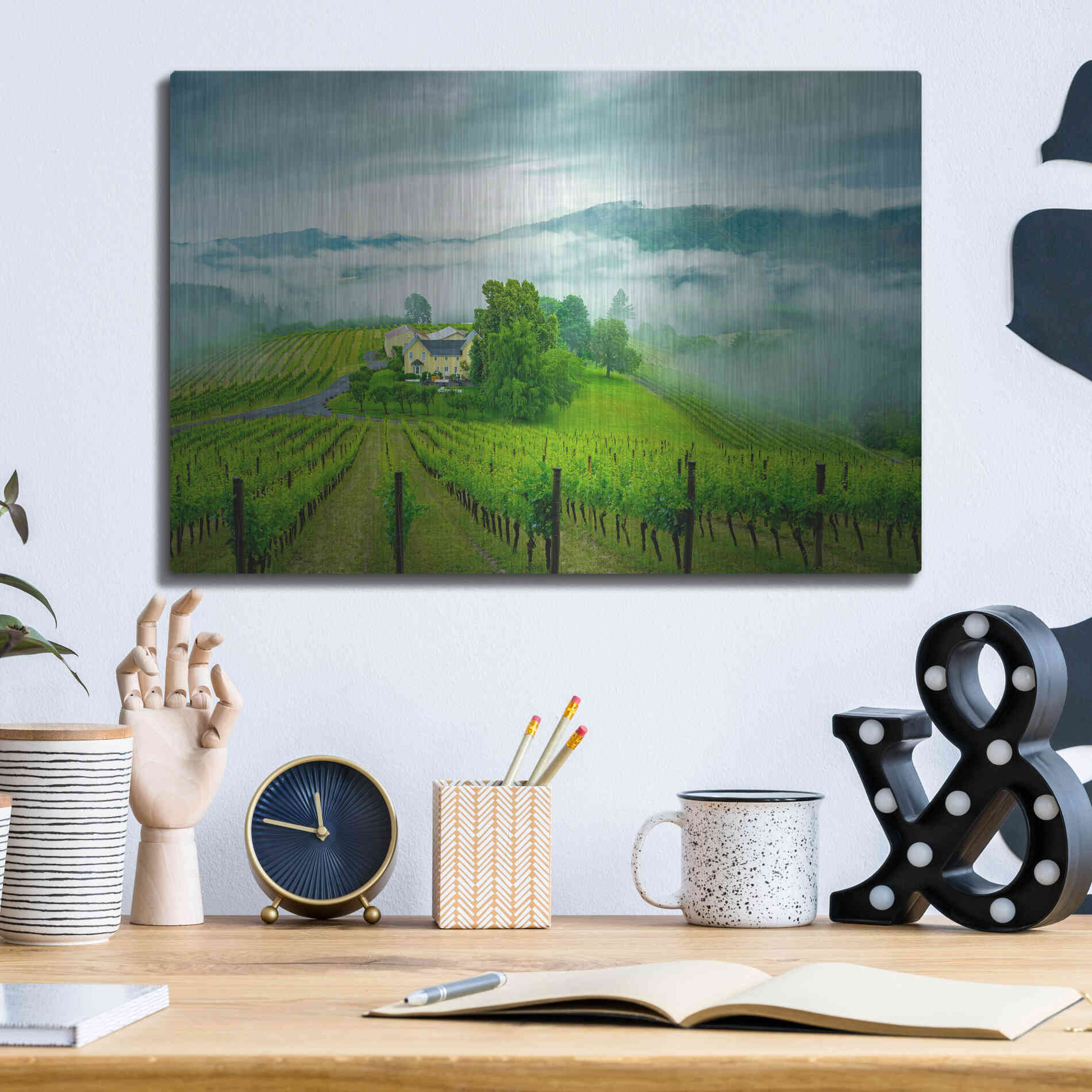 Luxe Metal Art  'Vineyard In The Mist'  by Don Schwartz, Metal Wall Art,16x12