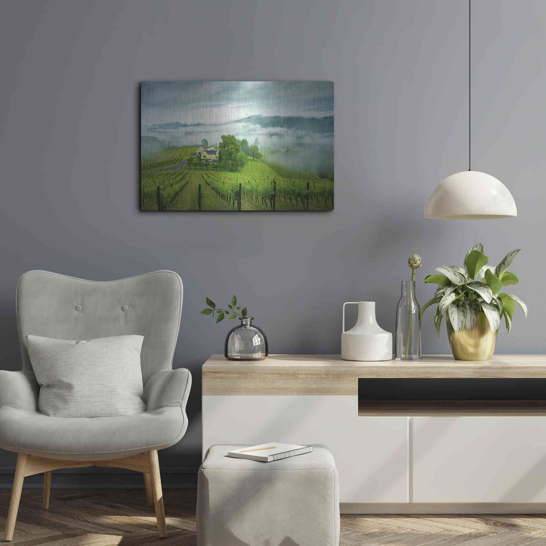 Luxe Metal Art  'Vineyard In The Mist'  by Don Schwartz, Metal Wall Art,24x16