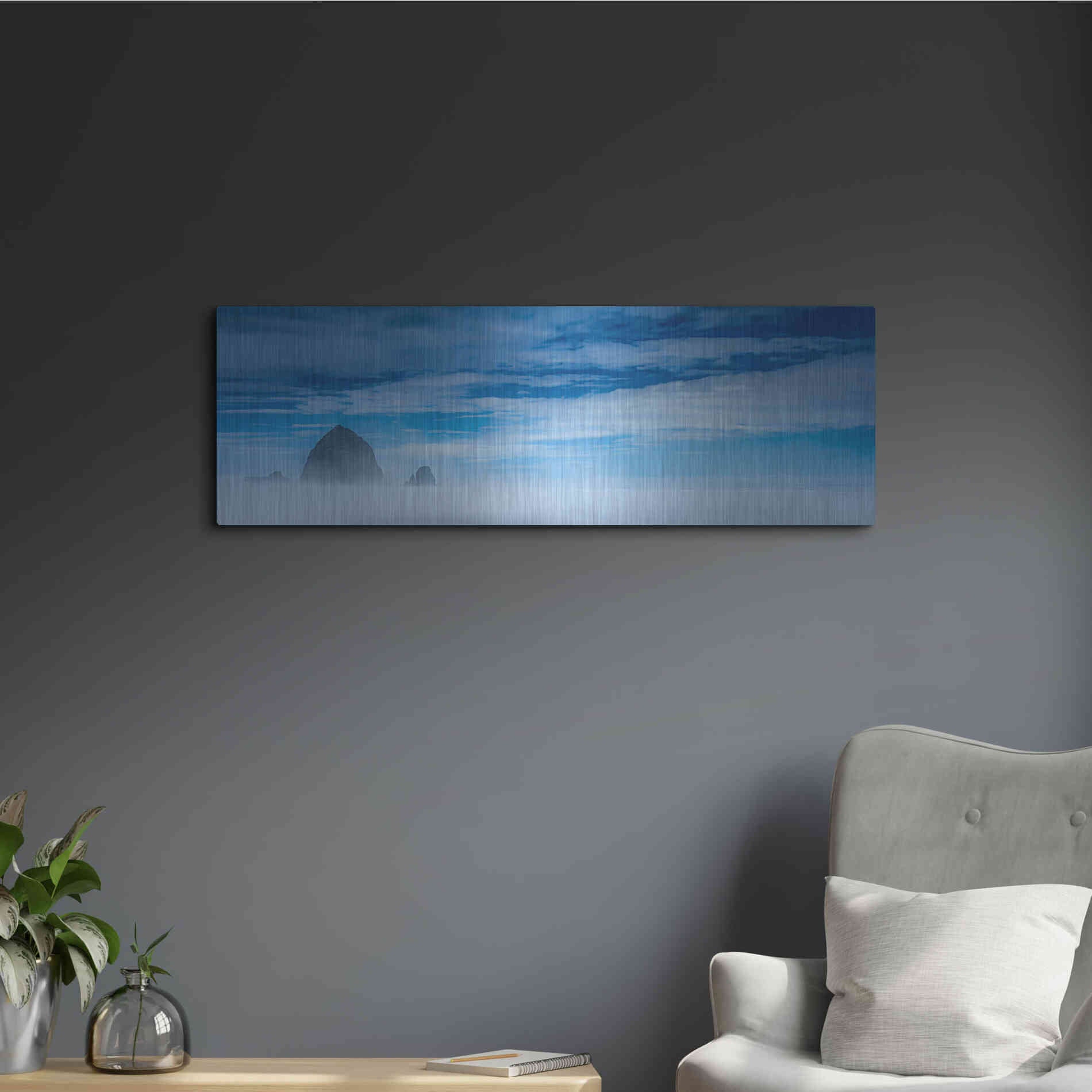 Luxe Metal Art  'Haystack Rock In The Mist'  by Don Schwartz, Metal Wall Art,36x12