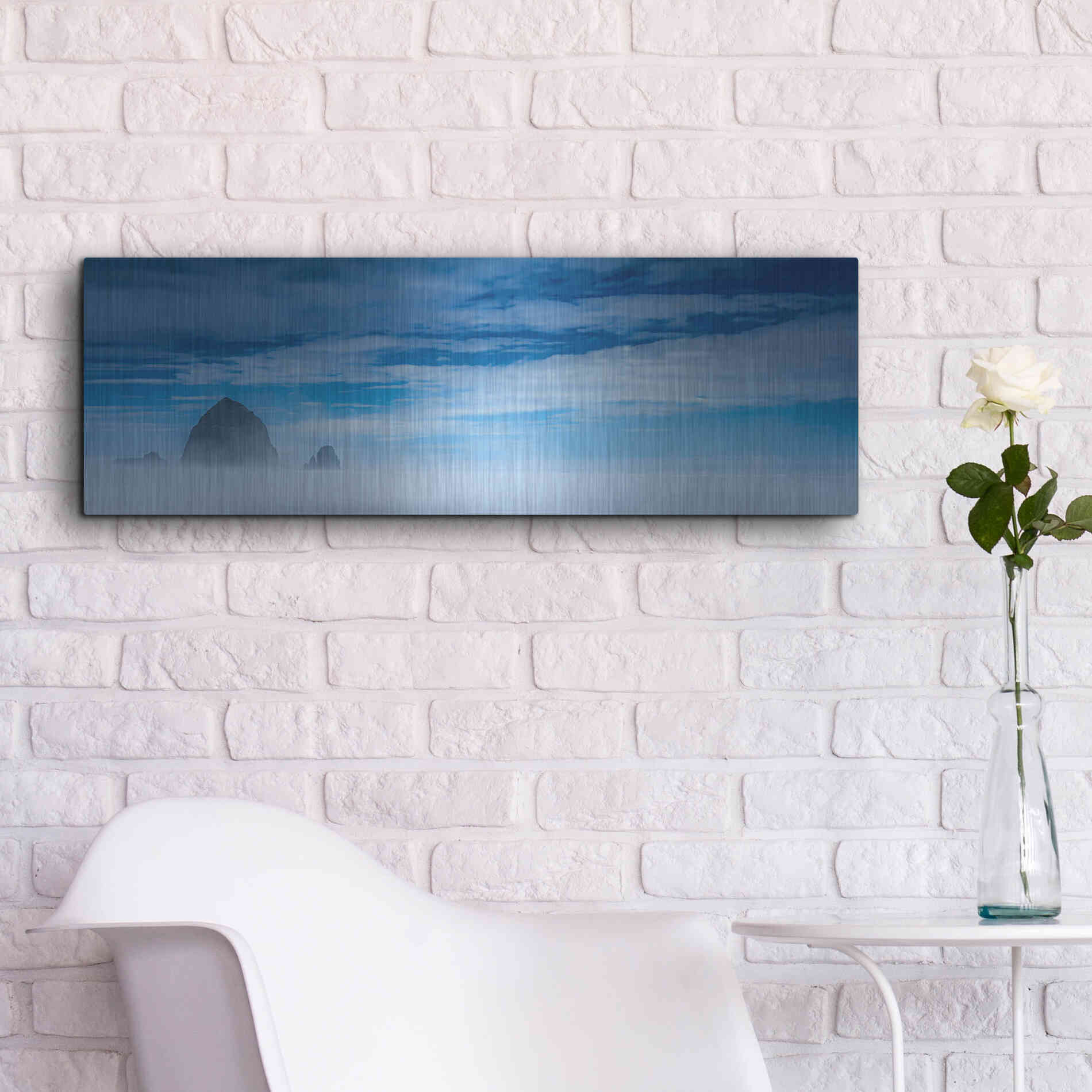 Luxe Metal Art  'Haystack Rock In The Mist'  by Don Schwartz, Metal Wall Art,36x12