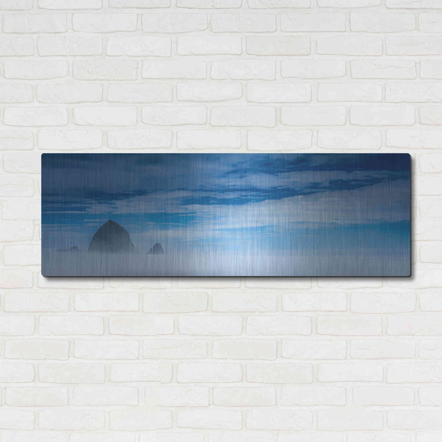 Luxe Metal Art  'Haystack Rock In The Mist'  by Don Schwartz, Metal Wall Art,48x16