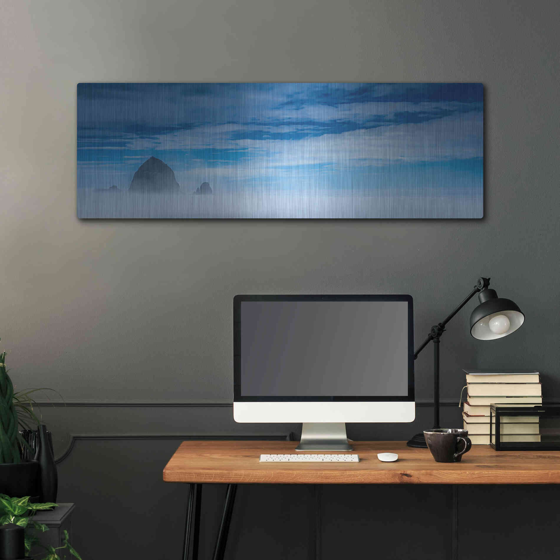 Luxe Metal Art  'Haystack Rock In The Mist'  by Don Schwartz, Metal Wall Art,48x16
