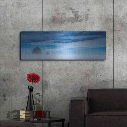 Luxe Metal Art  'Haystack Rock In The Mist'  by Don Schwartz, Metal Wall Art,48x16