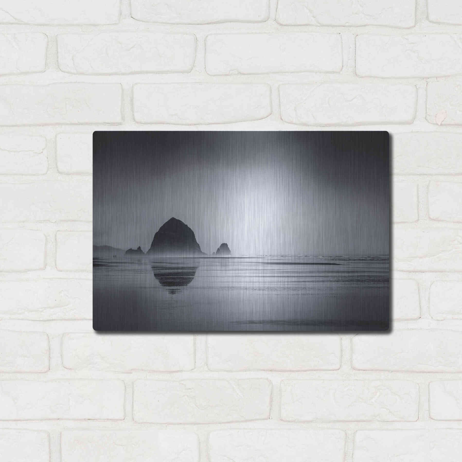 Luxe Metal Art  'Fog Surrounds Haystack Rock'  by Don Schwartz, Metal Wall Art,16x12