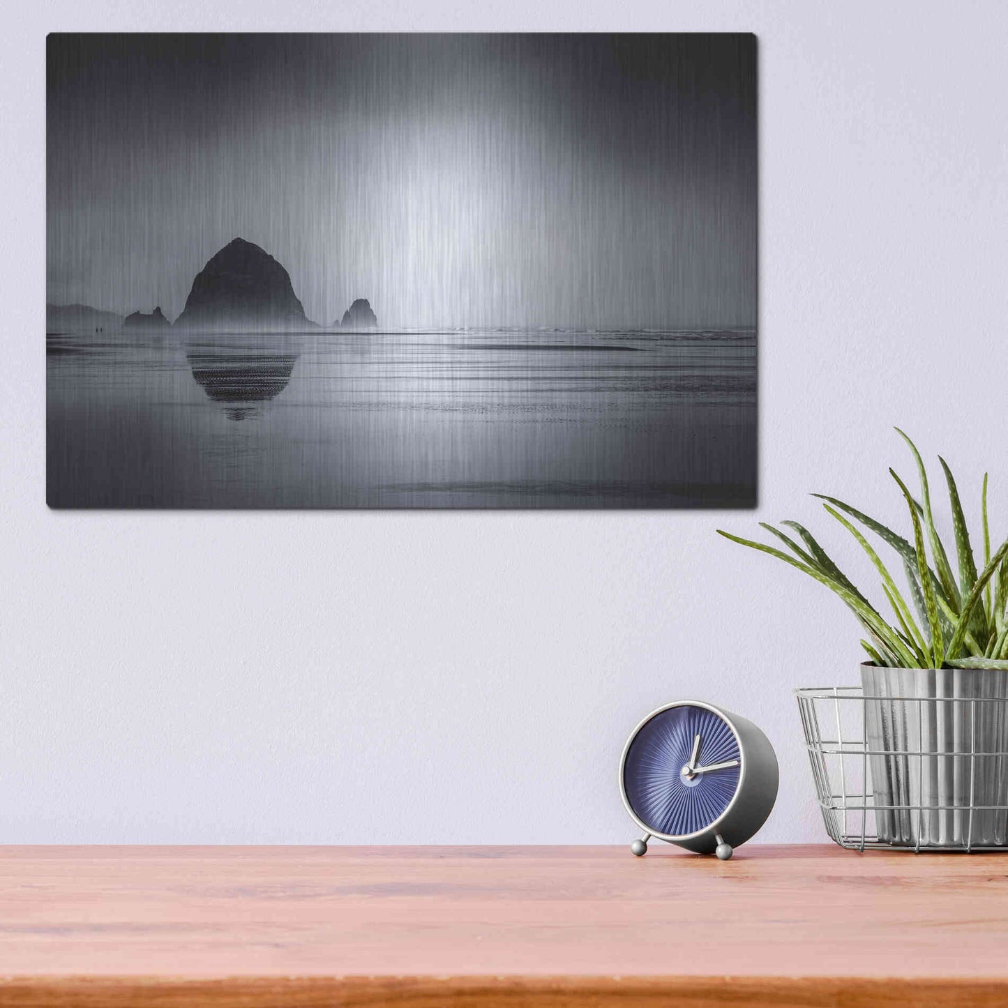Luxe Metal Art  'Fog Surrounds Haystack Rock'  by Don Schwartz, Metal Wall Art,16x12