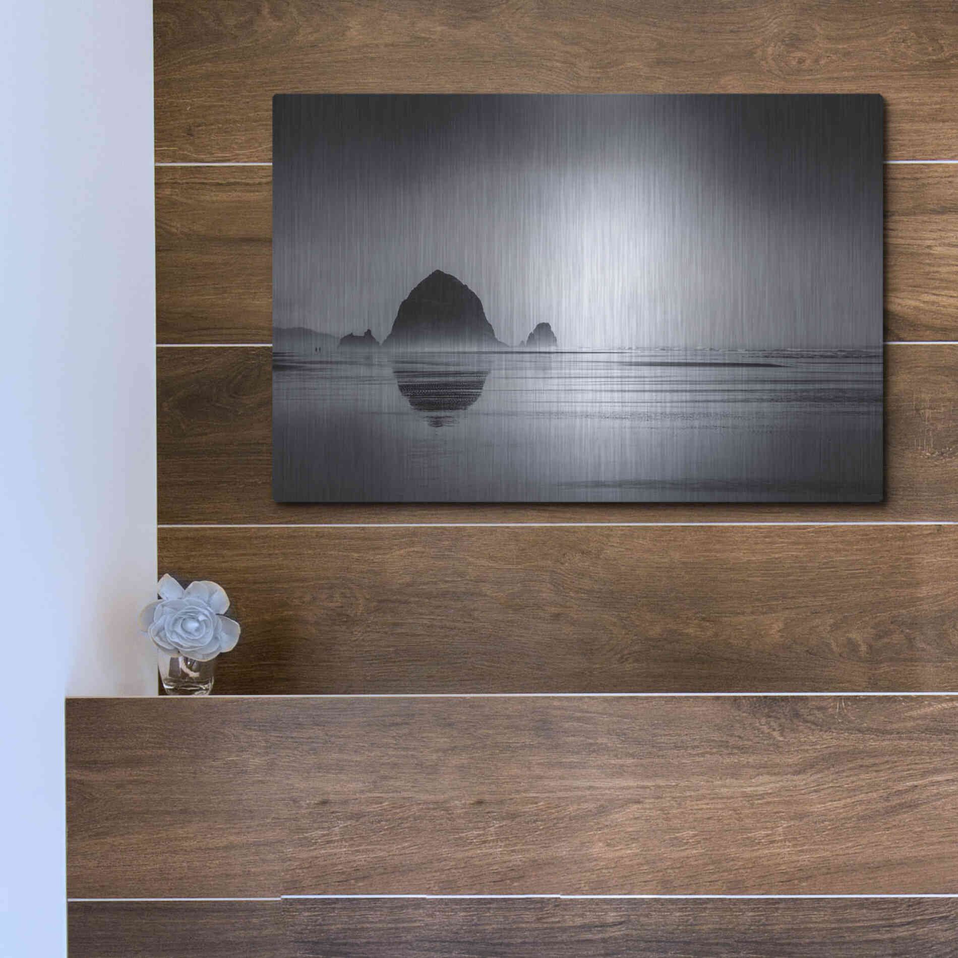 Luxe Metal Art  'Fog Surrounds Haystack Rock'  by Don Schwartz, Metal Wall Art,16x12