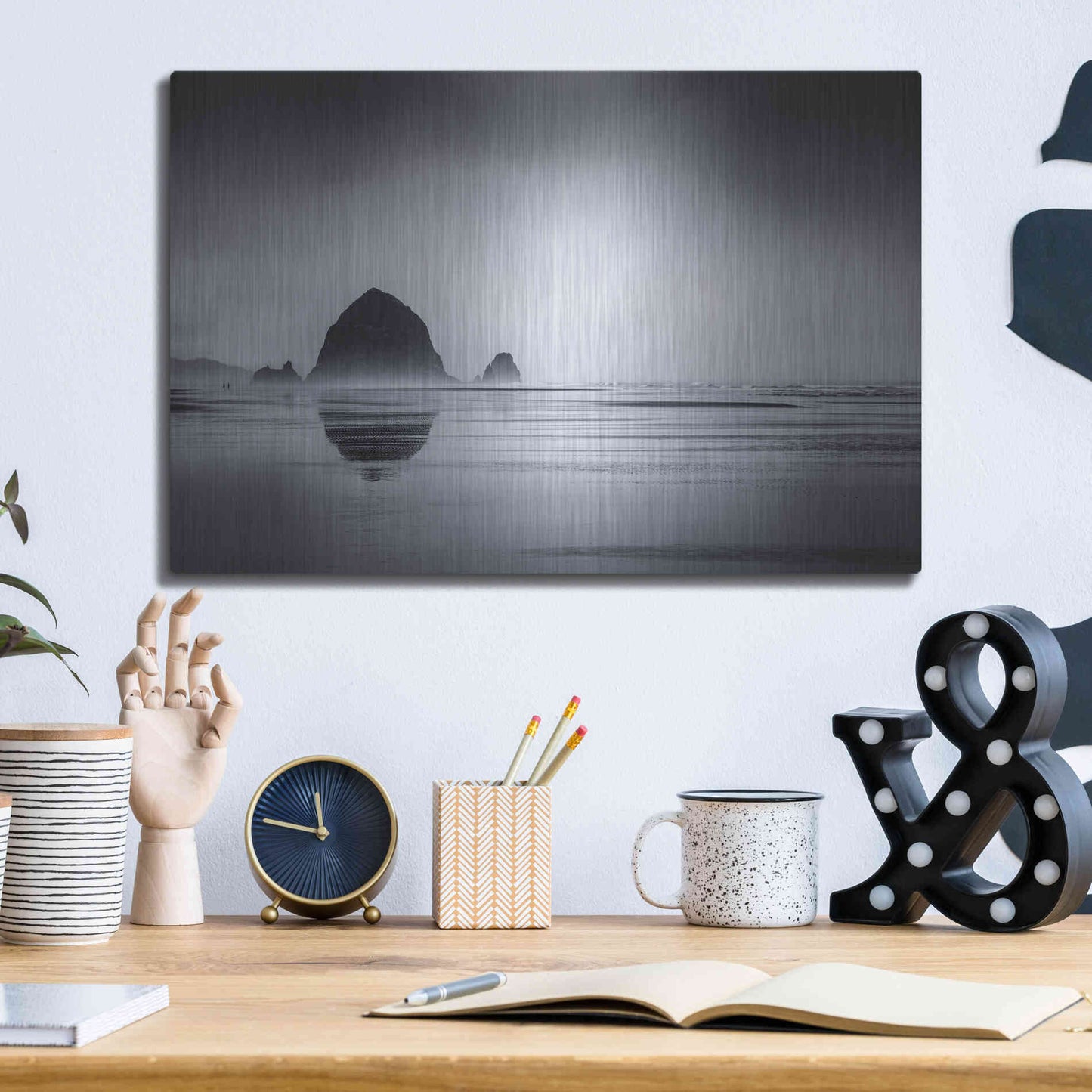Luxe Metal Art  'Fog Surrounds Haystack Rock'  by Don Schwartz, Metal Wall Art,16x12