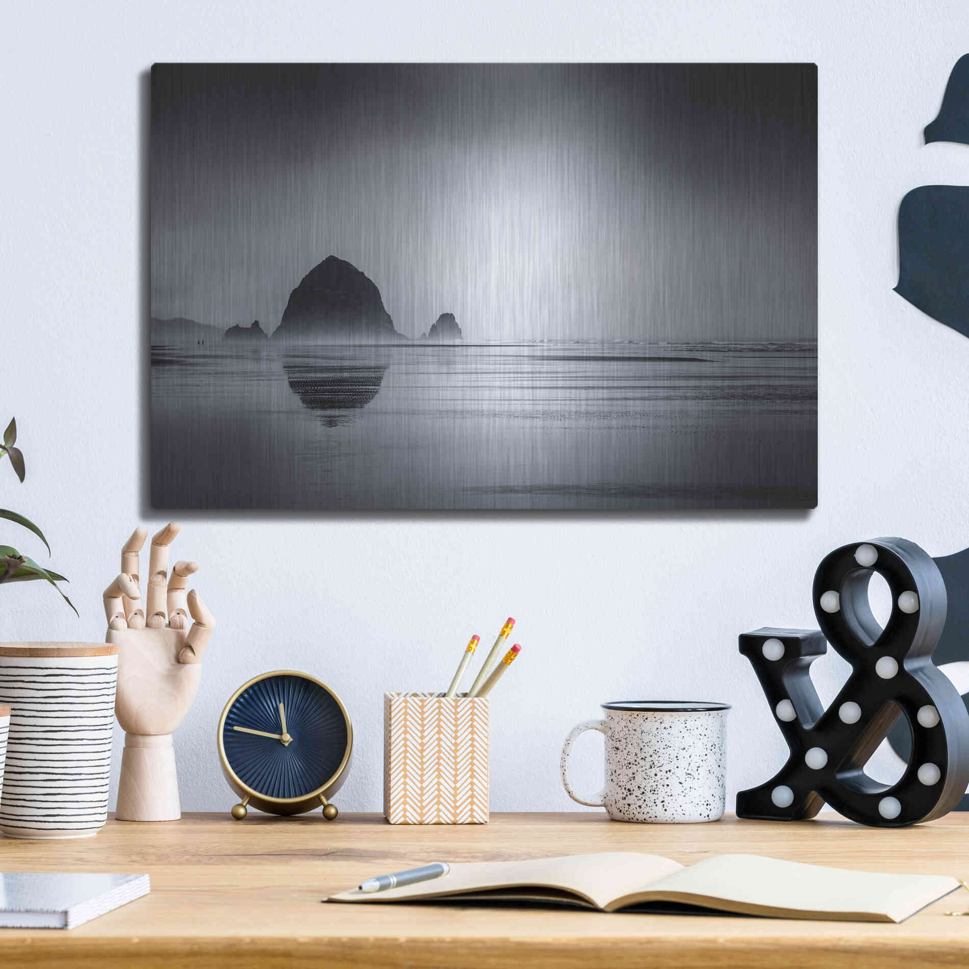 Luxe Metal Art  'Fog Surrounds Haystack Rock'  by Don Schwartz, Metal Wall Art,16x12