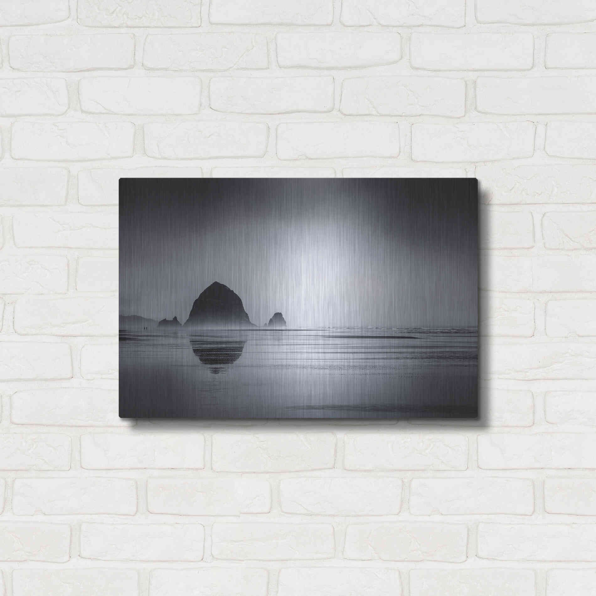 Luxe Metal Art  'Fog Surrounds Haystack Rock'  by Don Schwartz, Metal Wall Art,24x16