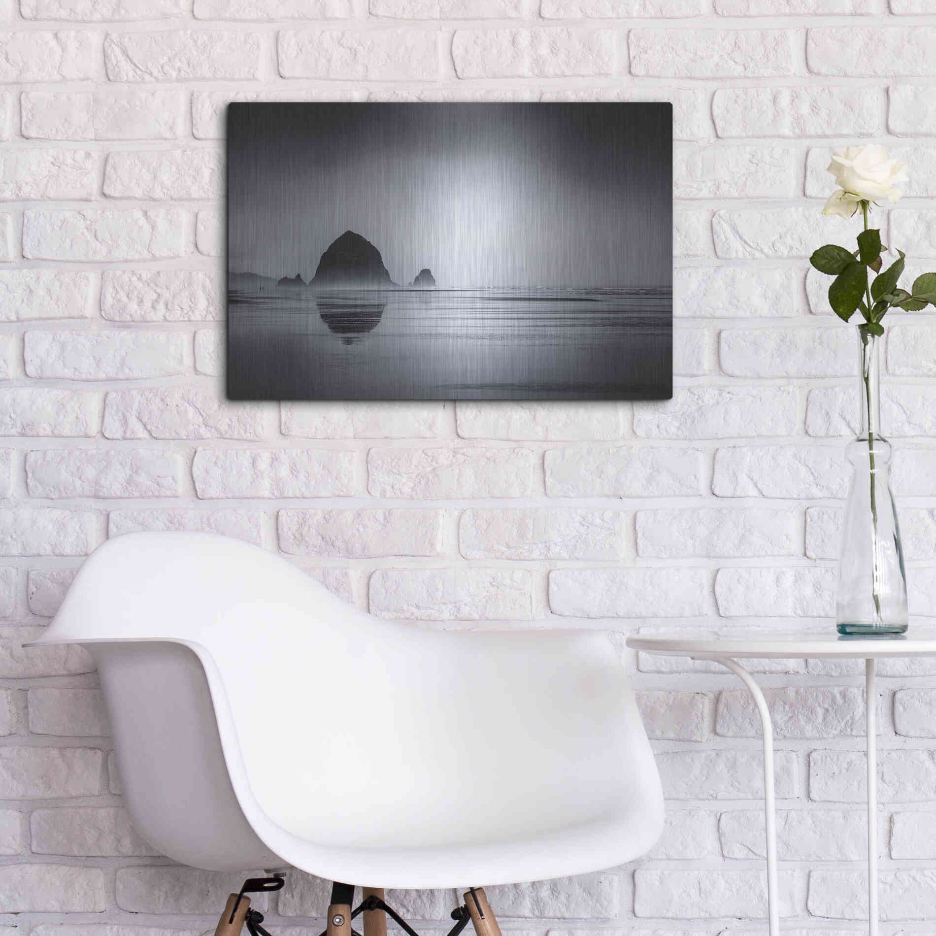 Luxe Metal Art  'Fog Surrounds Haystack Rock'  by Don Schwartz, Metal Wall Art,24x16