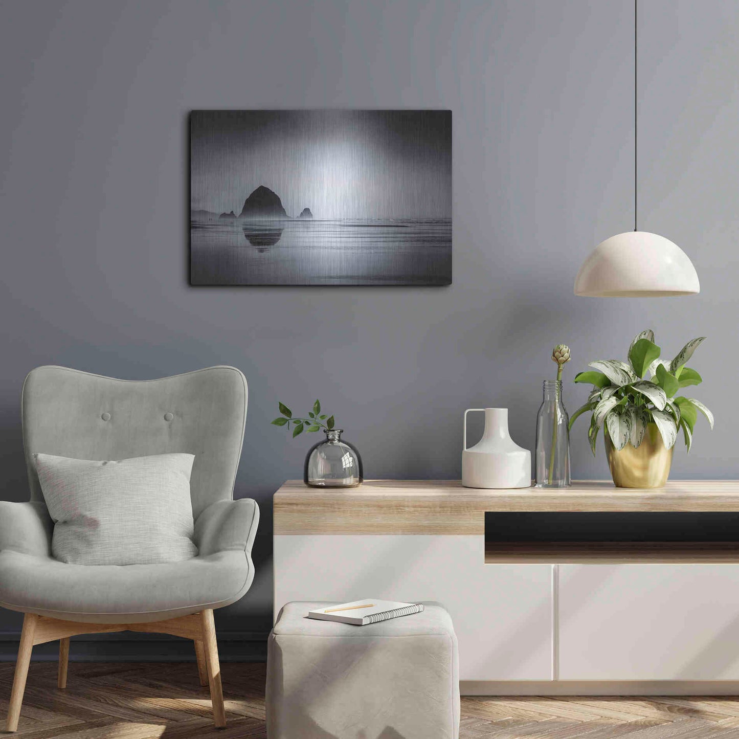 Luxe Metal Art  'Fog Surrounds Haystack Rock'  by Don Schwartz, Metal Wall Art,24x16