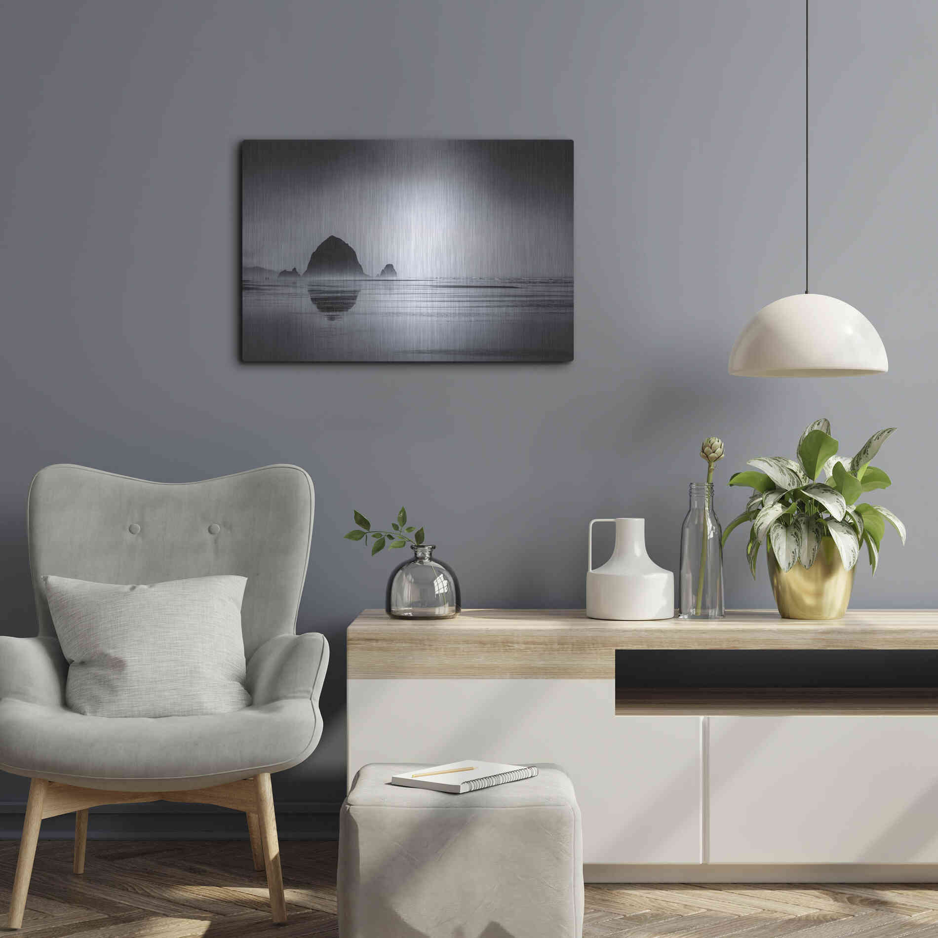 Luxe Metal Art  'Fog Surrounds Haystack Rock'  by Don Schwartz, Metal Wall Art,24x16