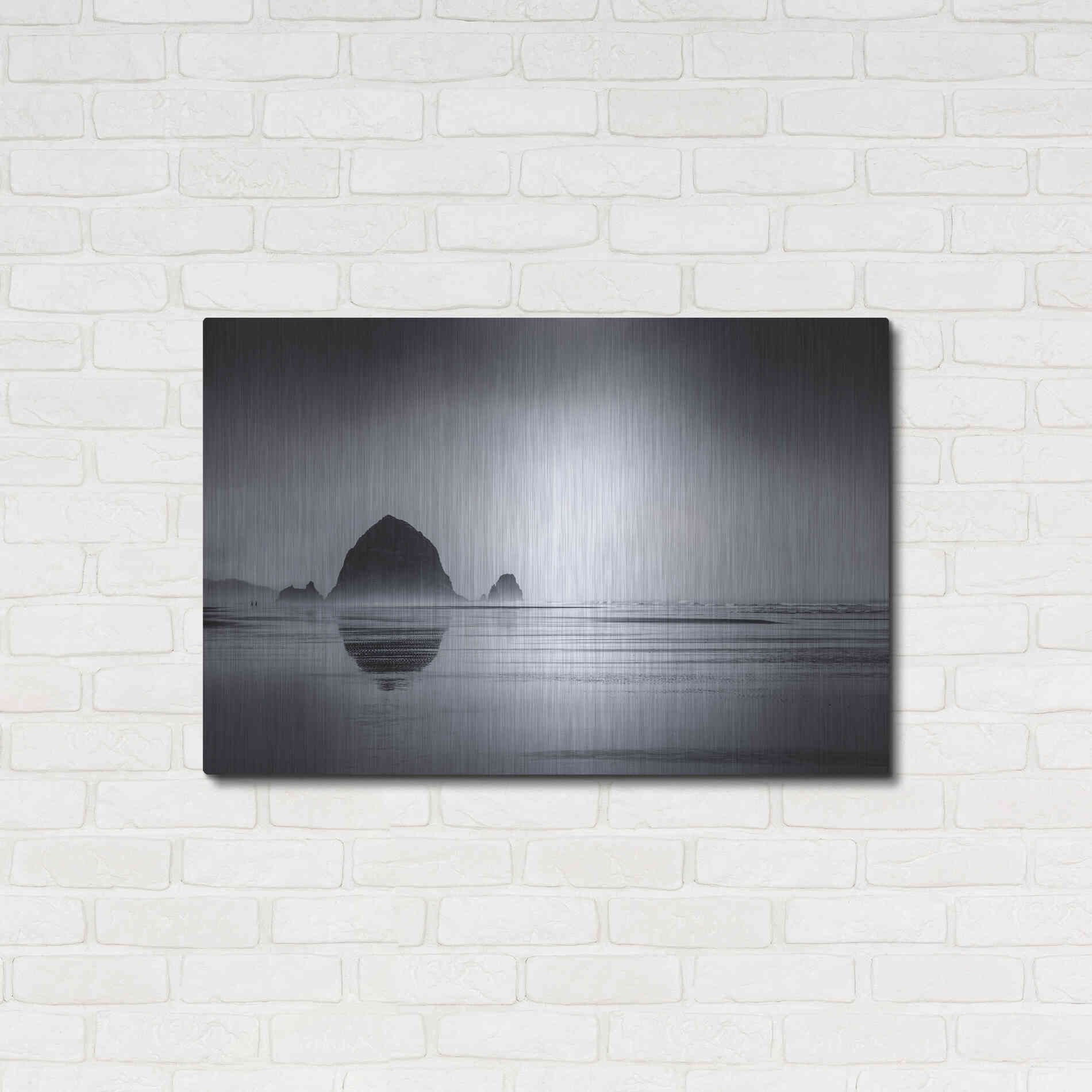 Luxe Metal Art  'Fog Surrounds Haystack Rock'  by Don Schwartz, Metal Wall Art,36x24