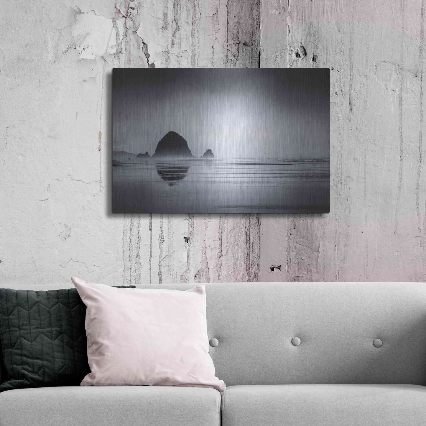 Luxe Metal Art  'Fog Surrounds Haystack Rock'  by Don Schwartz, Metal Wall Art,36x24