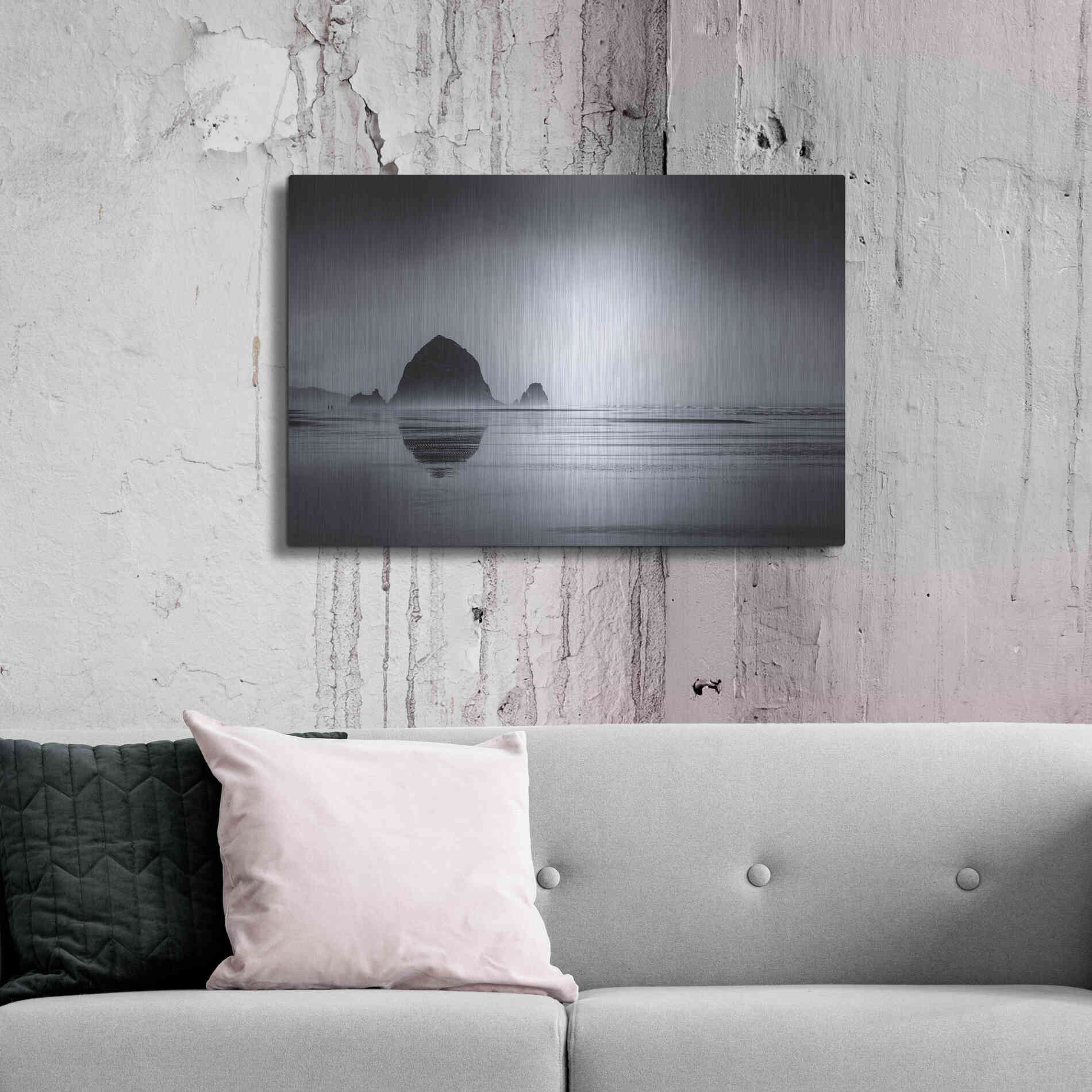 Luxe Metal Art  'Fog Surrounds Haystack Rock'  by Don Schwartz, Metal Wall Art,36x24