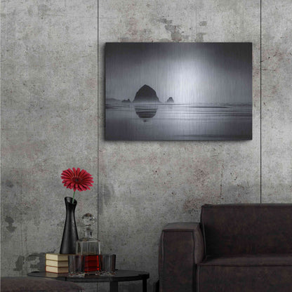 Luxe Metal Art  'Fog Surrounds Haystack Rock'  by Don Schwartz, Metal Wall Art,36x24