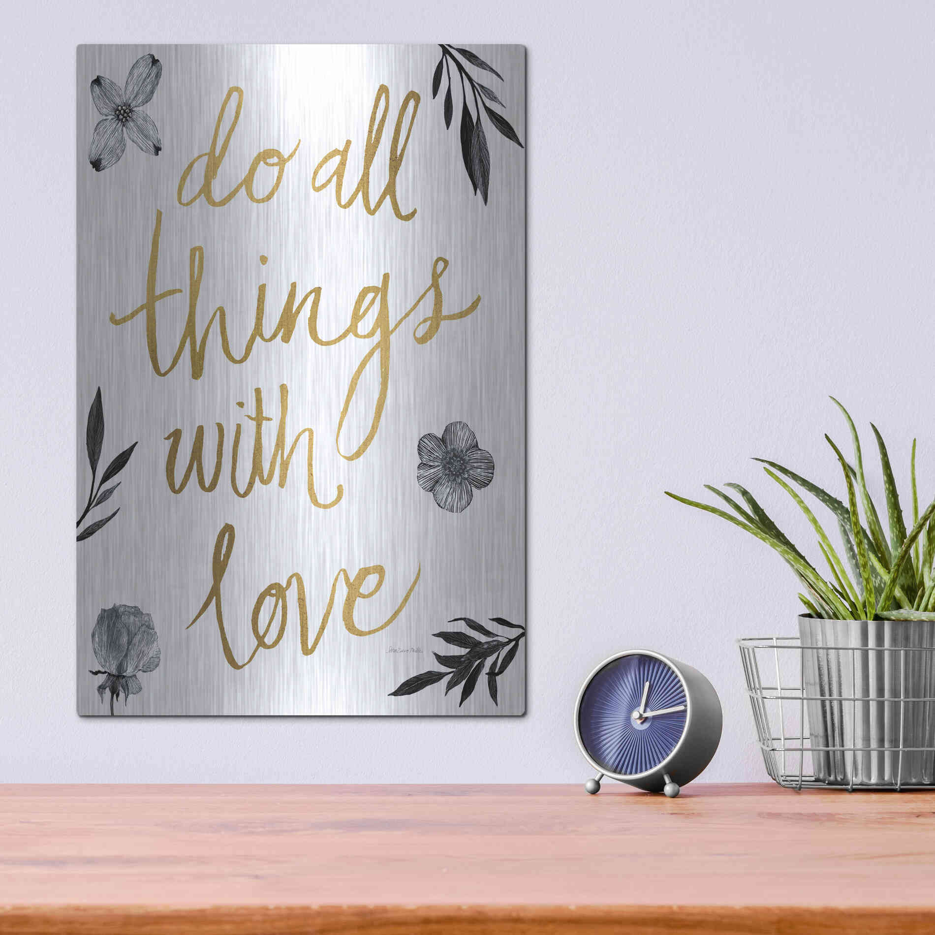 Luxe Metal Art 'Do All Things with Love BW' by Sara Zieve Miller, Metal Wall Art,12x16