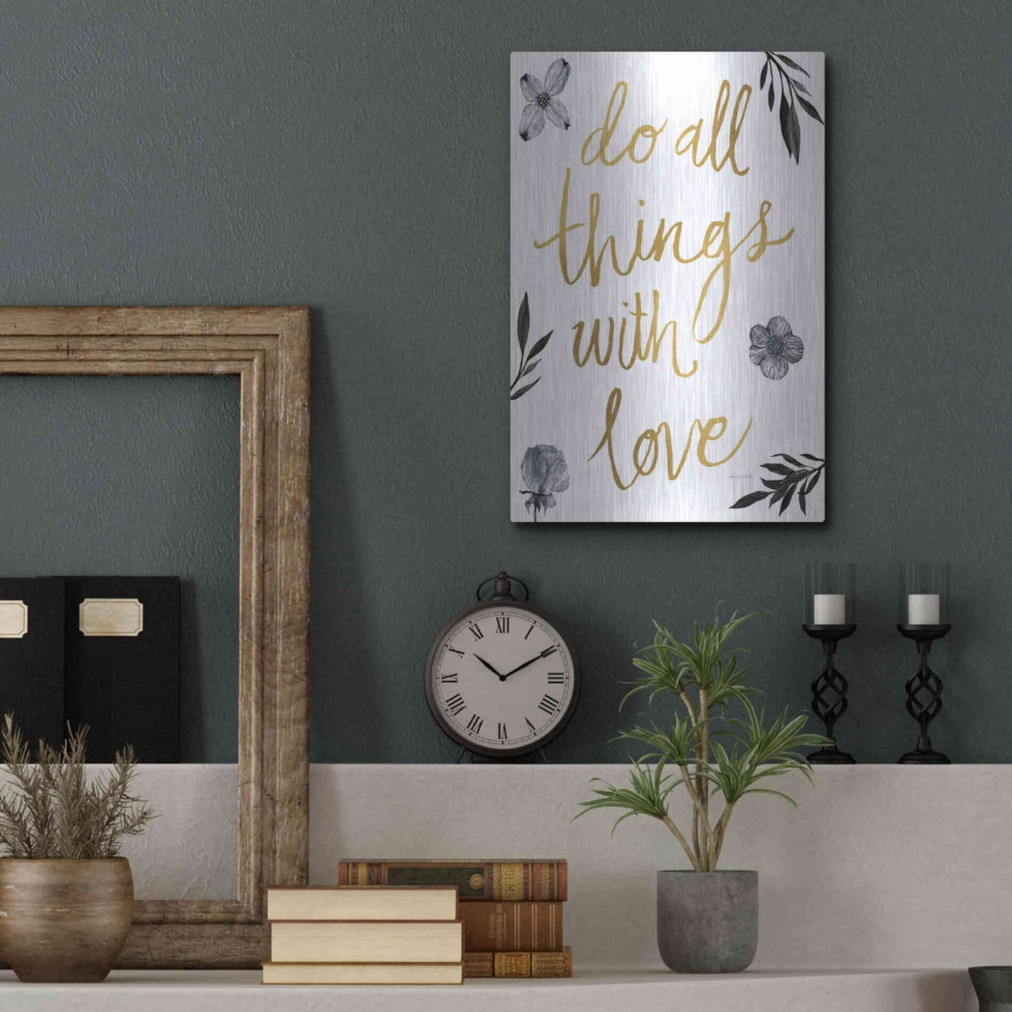 Luxe Metal Art 'Do All Things with Love BW' by Sara Zieve Miller, Metal Wall Art,12x16