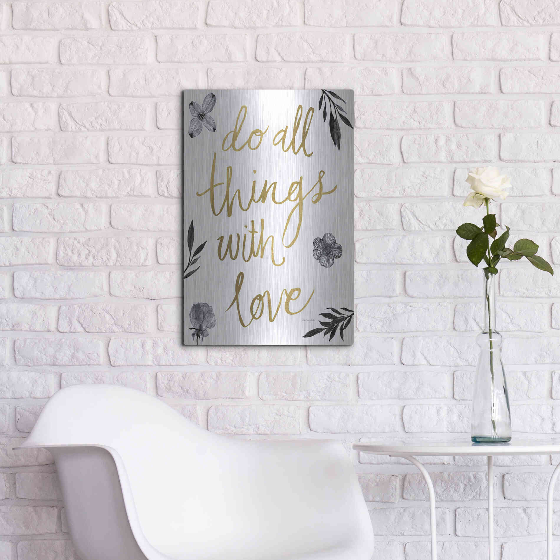 Luxe Metal Art 'Do All Things with Love BW' by Sara Zieve Miller, Metal Wall Art,16x24