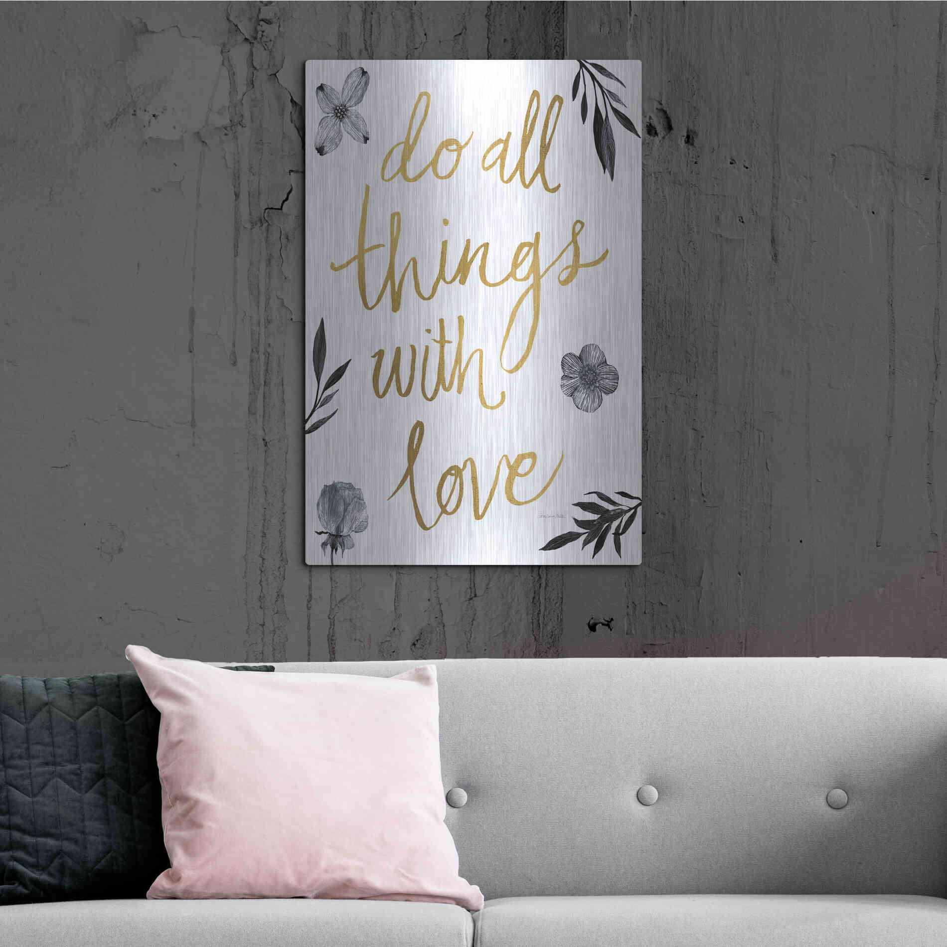 Luxe Metal Art 'Do All Things with Love BW' by Sara Zieve Miller, Metal Wall Art,24x36