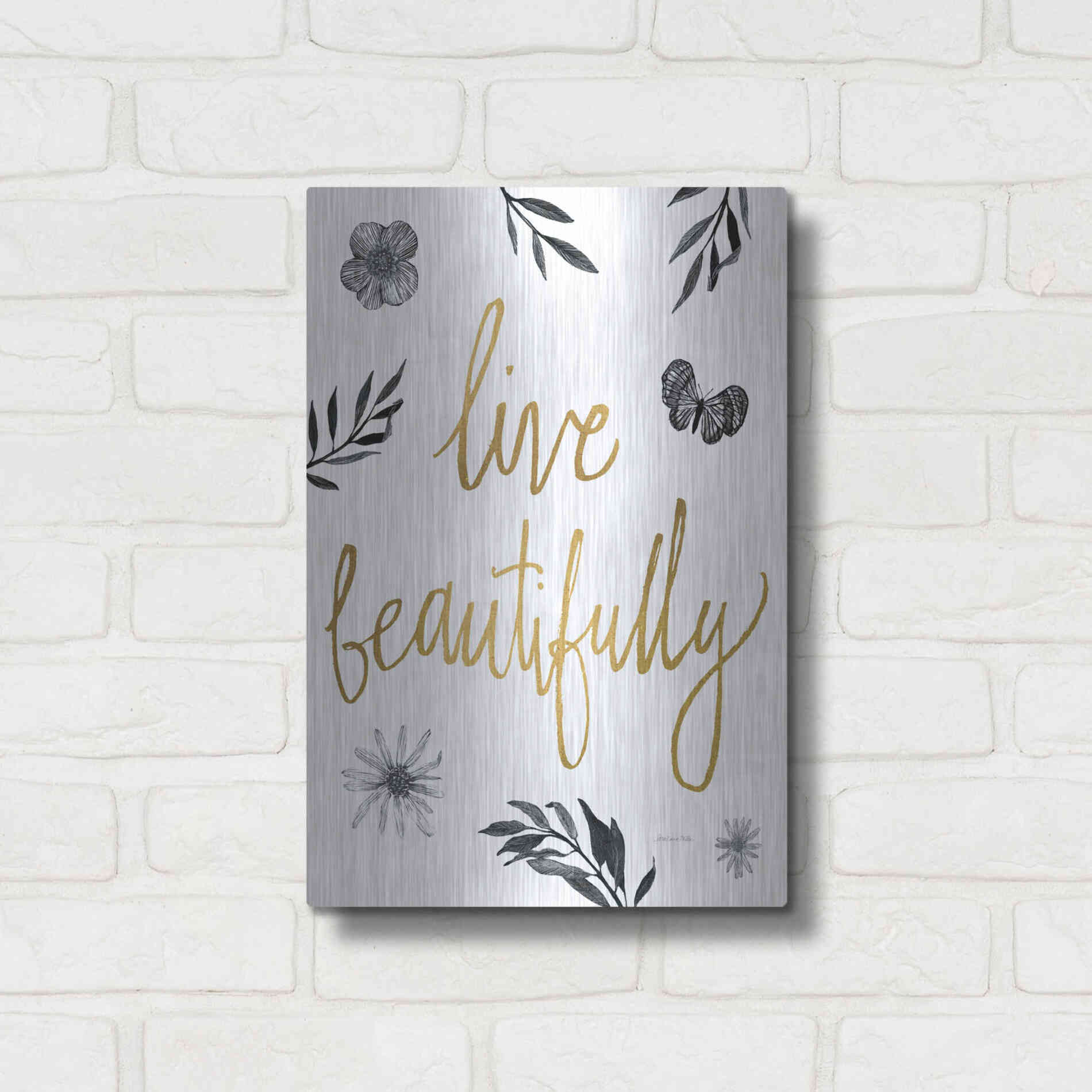Luxe Metal Art 'Live Beautifully BW' by Sara Zieve Miller, Metal Wall Art,12x16
