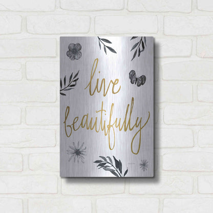Luxe Metal Art 'Live Beautifully BW' by Sara Zieve Miller, Metal Wall Art,12x16