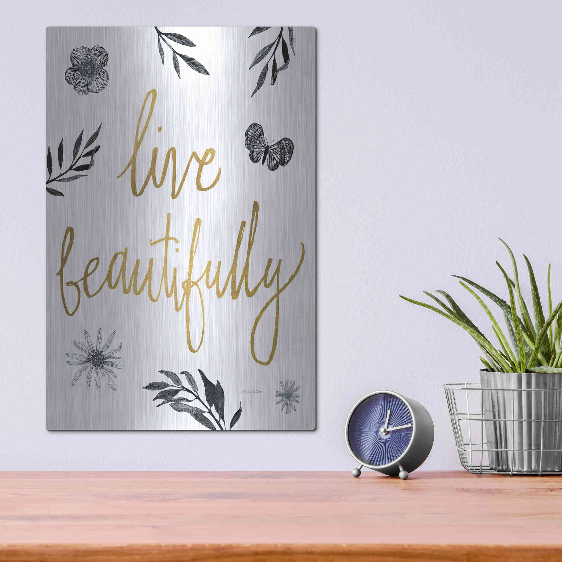 Luxe Metal Art 'Live Beautifully BW' by Sara Zieve Miller, Metal Wall Art,12x16