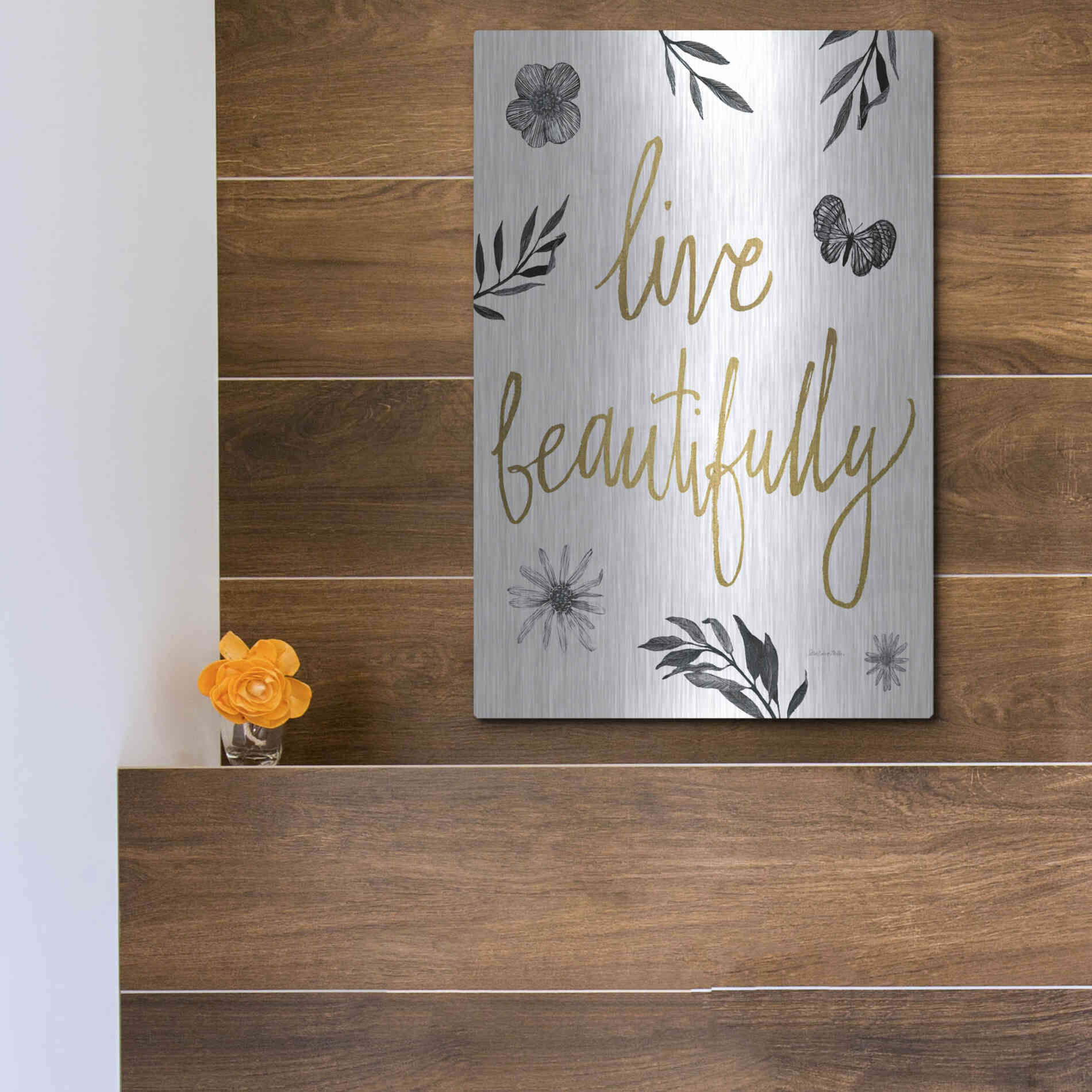 Luxe Metal Art 'Live Beautifully BW' by Sara Zieve Miller, Metal Wall Art,12x16