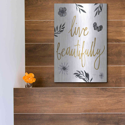 Luxe Metal Art 'Live Beautifully BW' by Sara Zieve Miller, Metal Wall Art,12x16