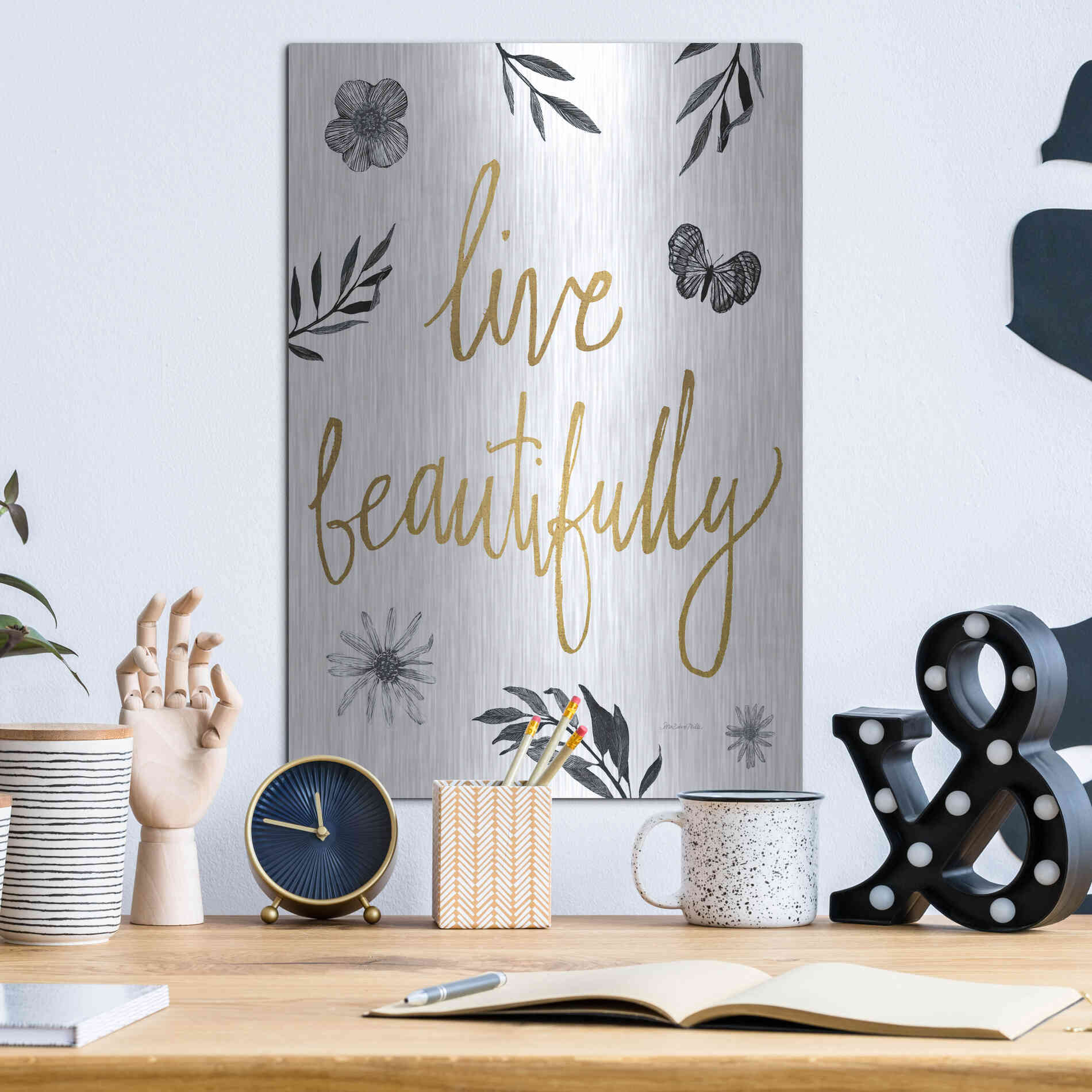 Luxe Metal Art 'Live Beautifully BW' by Sara Zieve Miller, Metal Wall Art,12x16