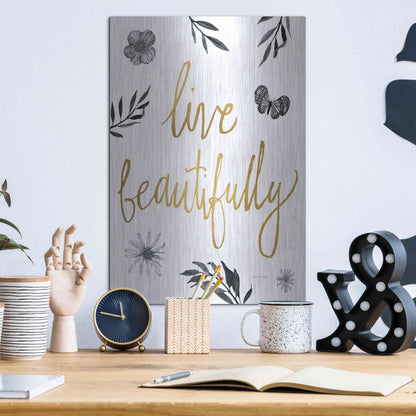 Luxe Metal Art 'Live Beautifully BW' by Sara Zieve Miller, Metal Wall Art,12x16