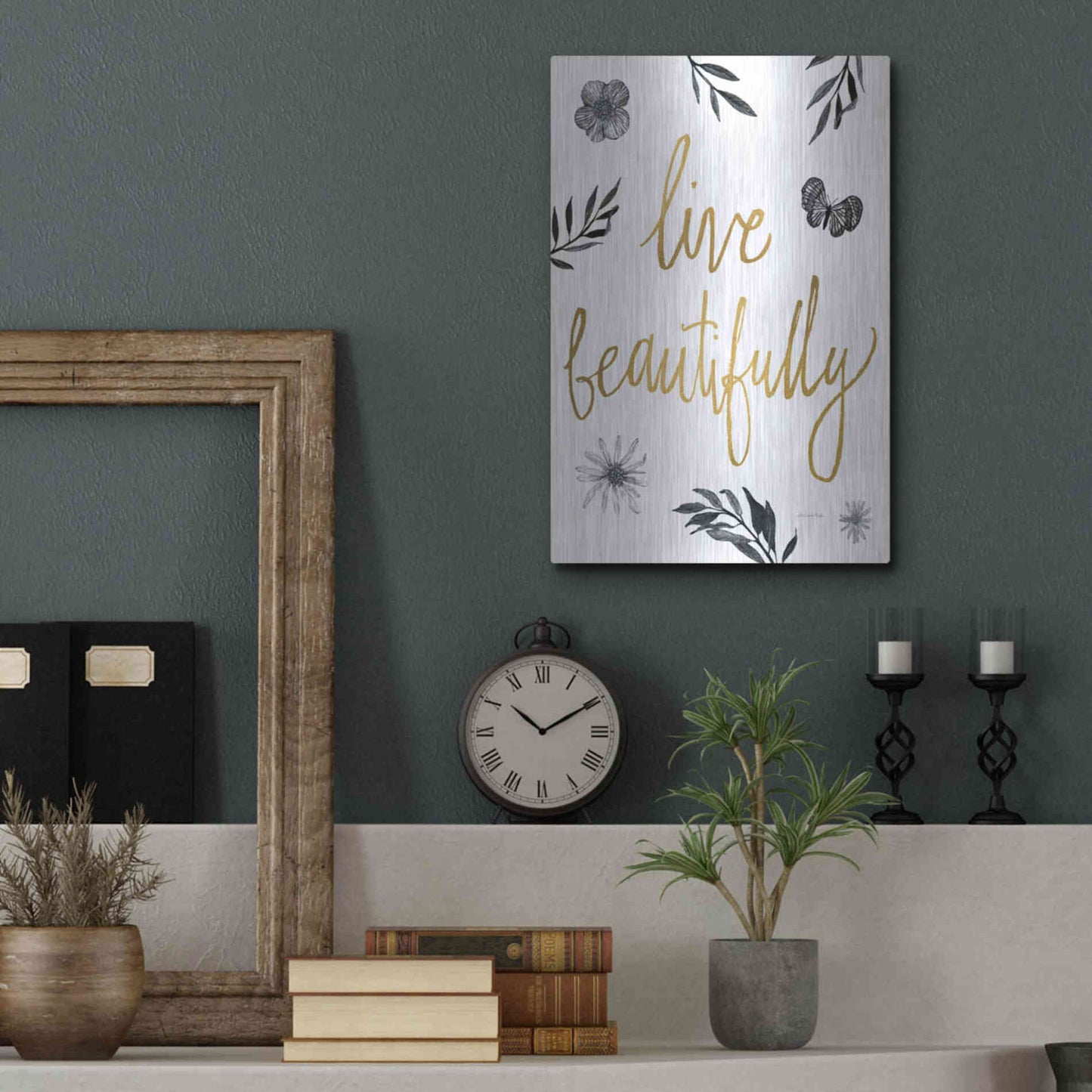 Luxe Metal Art 'Live Beautifully BW' by Sara Zieve Miller, Metal Wall Art,12x16