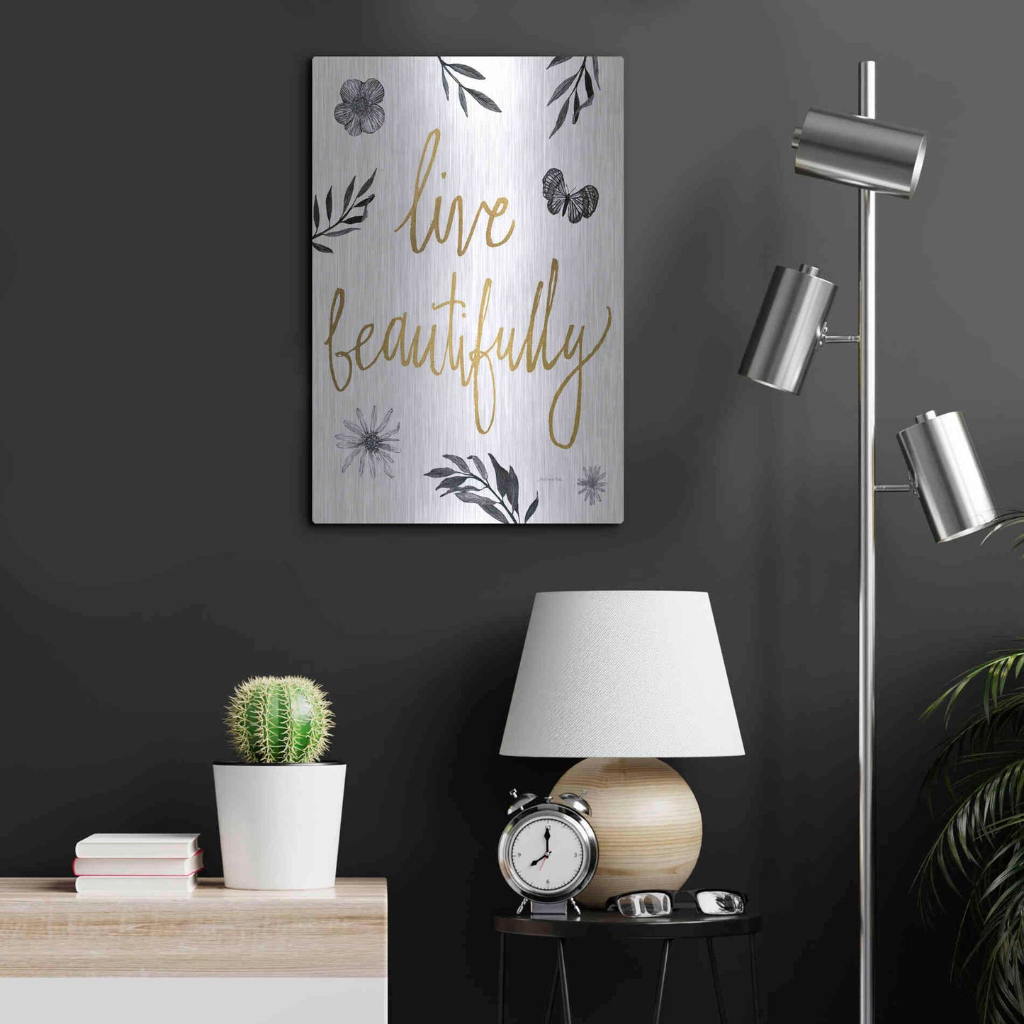 Luxe Metal Art 'Live Beautifully BW' by Sara Zieve Miller, Metal Wall Art,16x24