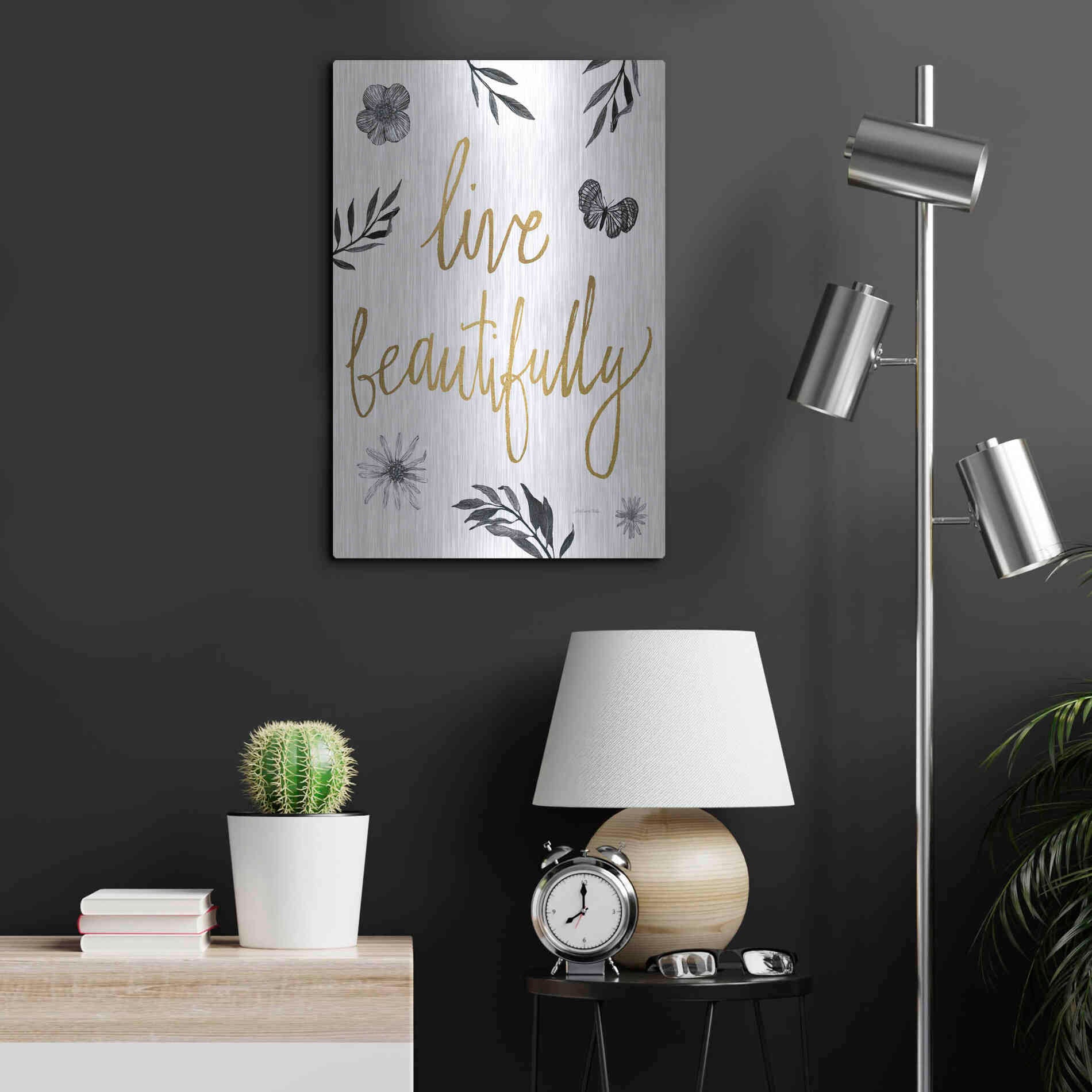 Luxe Metal Art 'Live Beautifully BW' by Sara Zieve Miller, Metal Wall Art,16x24