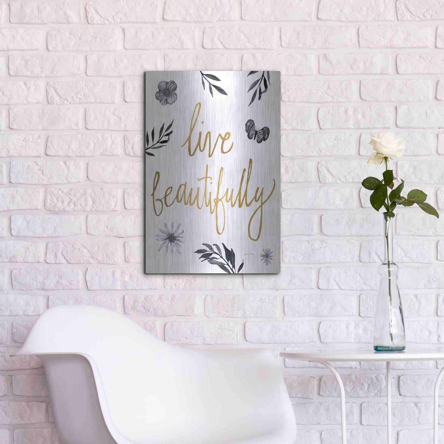 Luxe Metal Art 'Live Beautifully BW' by Sara Zieve Miller, Metal Wall Art,16x24