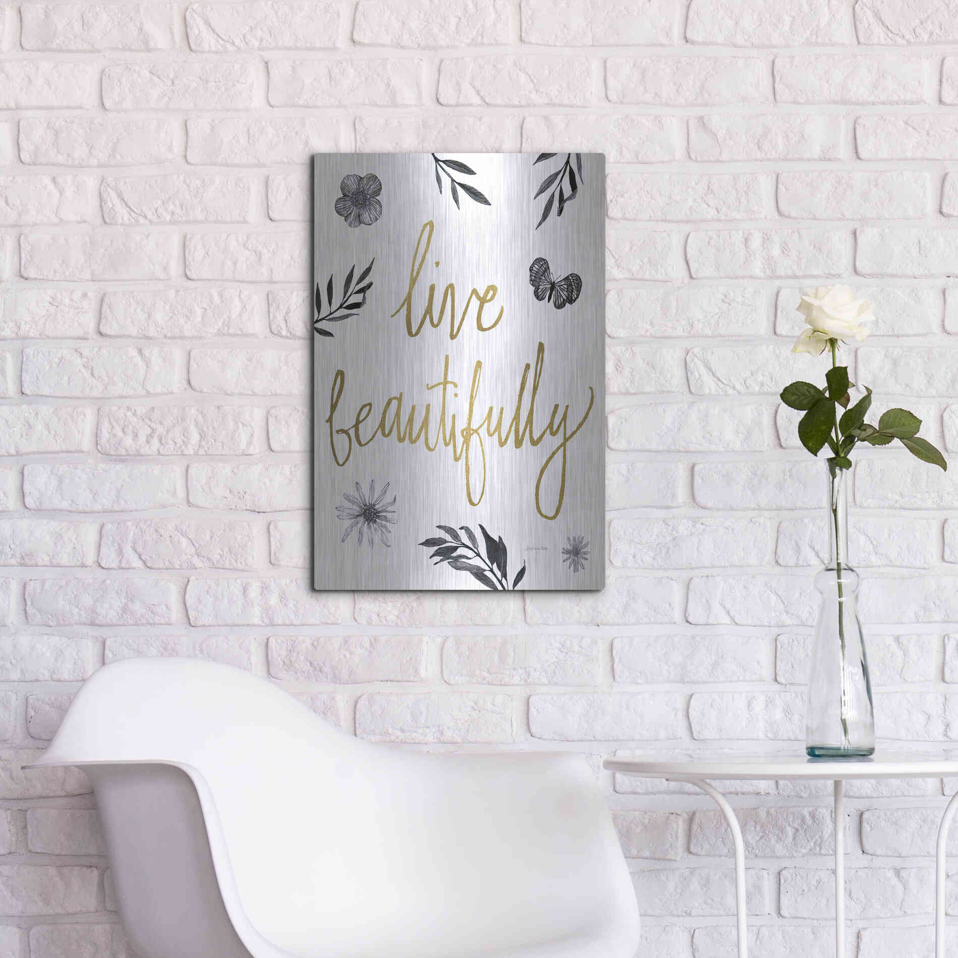 Luxe Metal Art 'Live Beautifully BW' by Sara Zieve Miller, Metal Wall Art,16x24