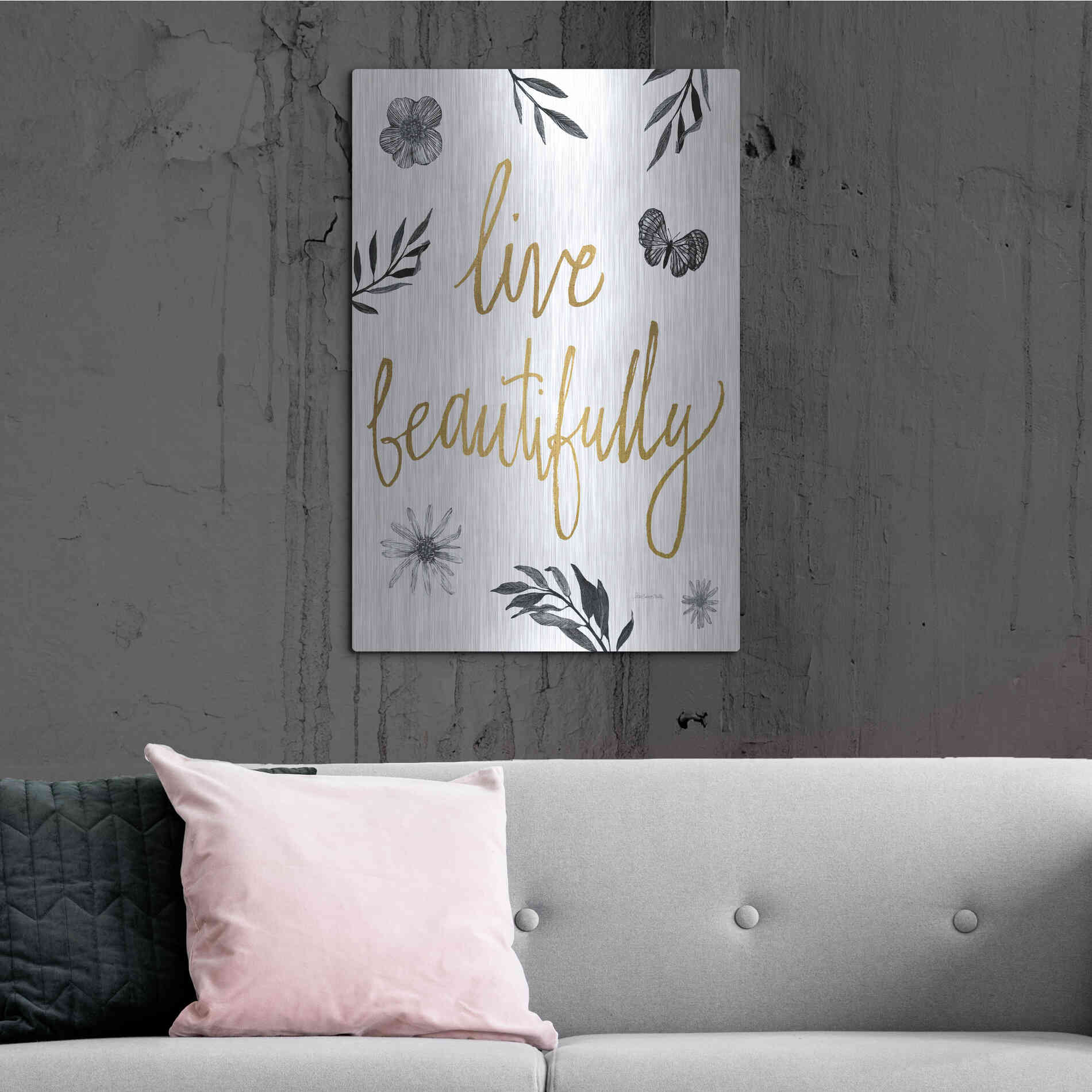 Luxe Metal Art 'Live Beautifully BW' by Sara Zieve Miller, Metal Wall Art,24x36