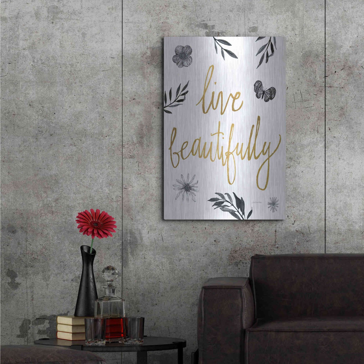 Luxe Metal Art 'Live Beautifully BW' by Sara Zieve Miller, Metal Wall Art,24x36