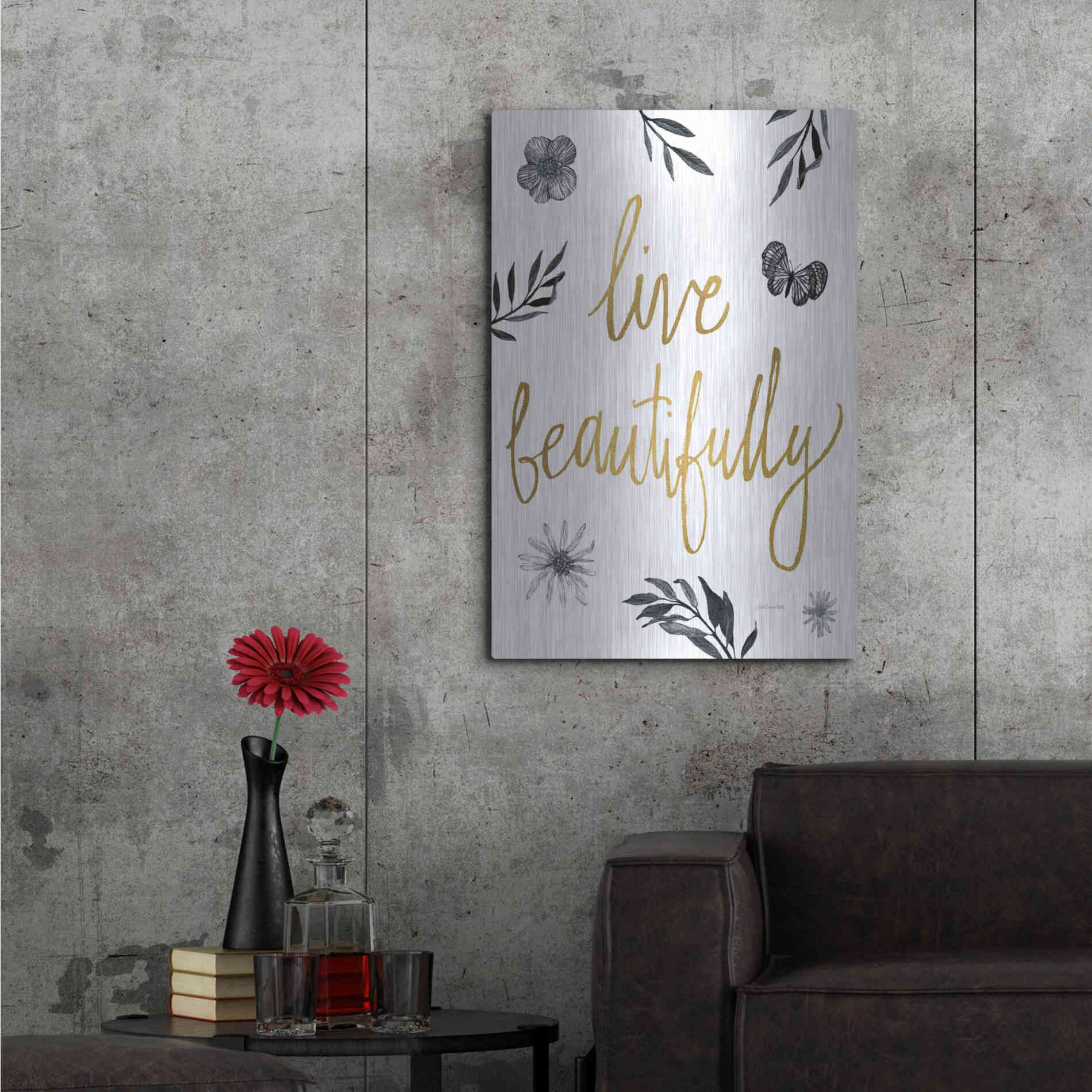 Luxe Metal Art 'Live Beautifully BW' by Sara Zieve Miller, Metal Wall Art,24x36