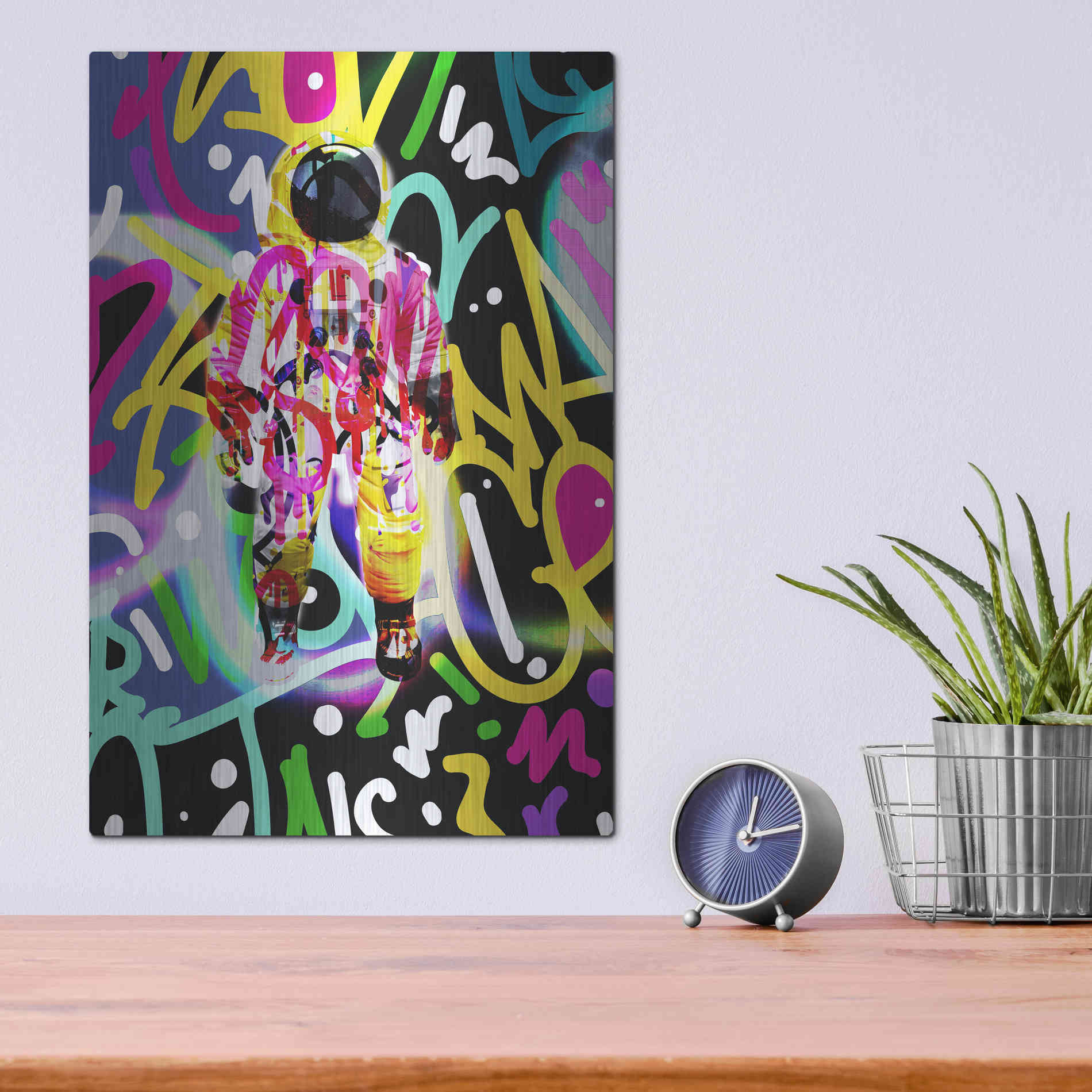 Luxe Metal Art 'Colorful Astronaut Graffiti Art 12' by Irena Orlov Metal Wall Art,12x16