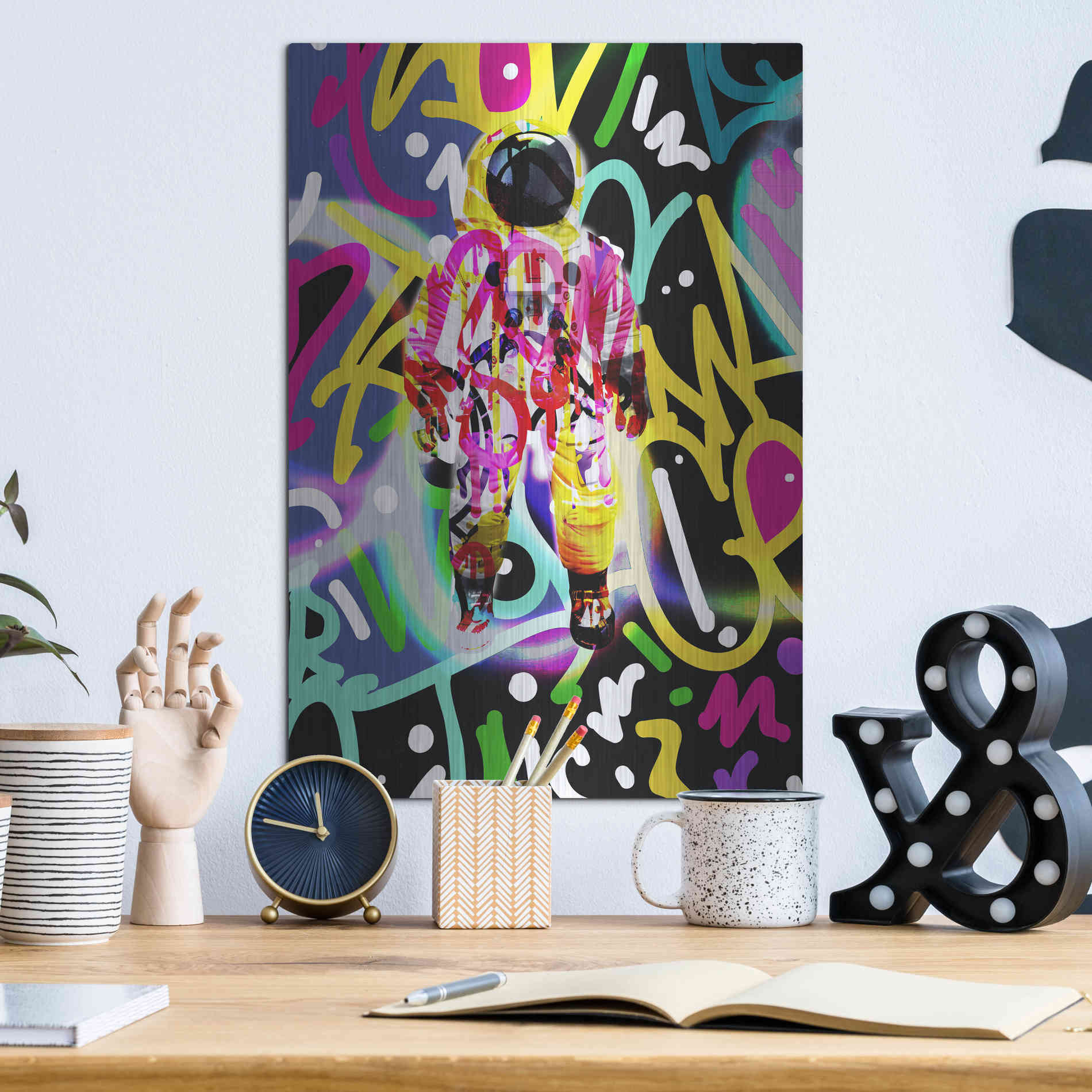 Luxe Metal Art 'Colorful Astronaut Graffiti Art 12' by Irena Orlov Metal Wall Art,12x16