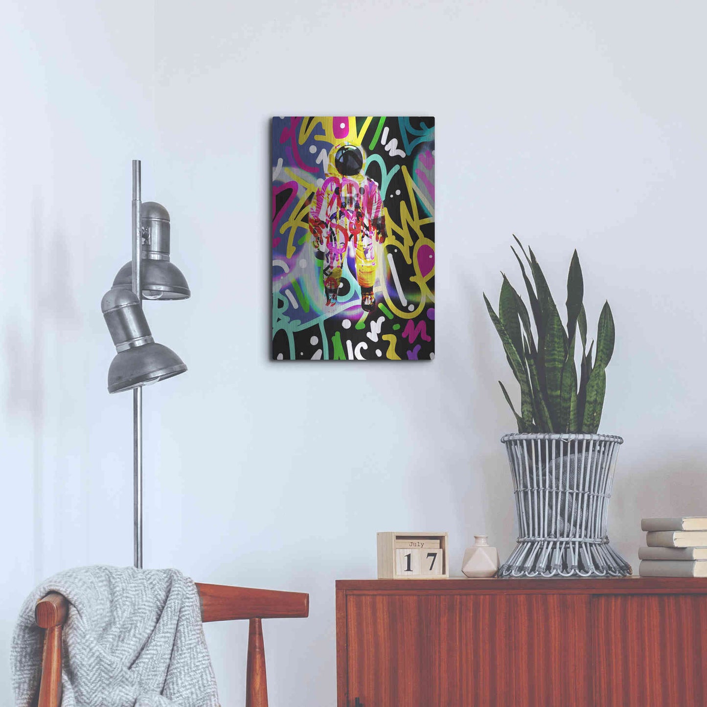 Luxe Metal Art 'Colorful Astronaut Graffiti Art 12' by Irena Orlov Metal Wall Art,16x24