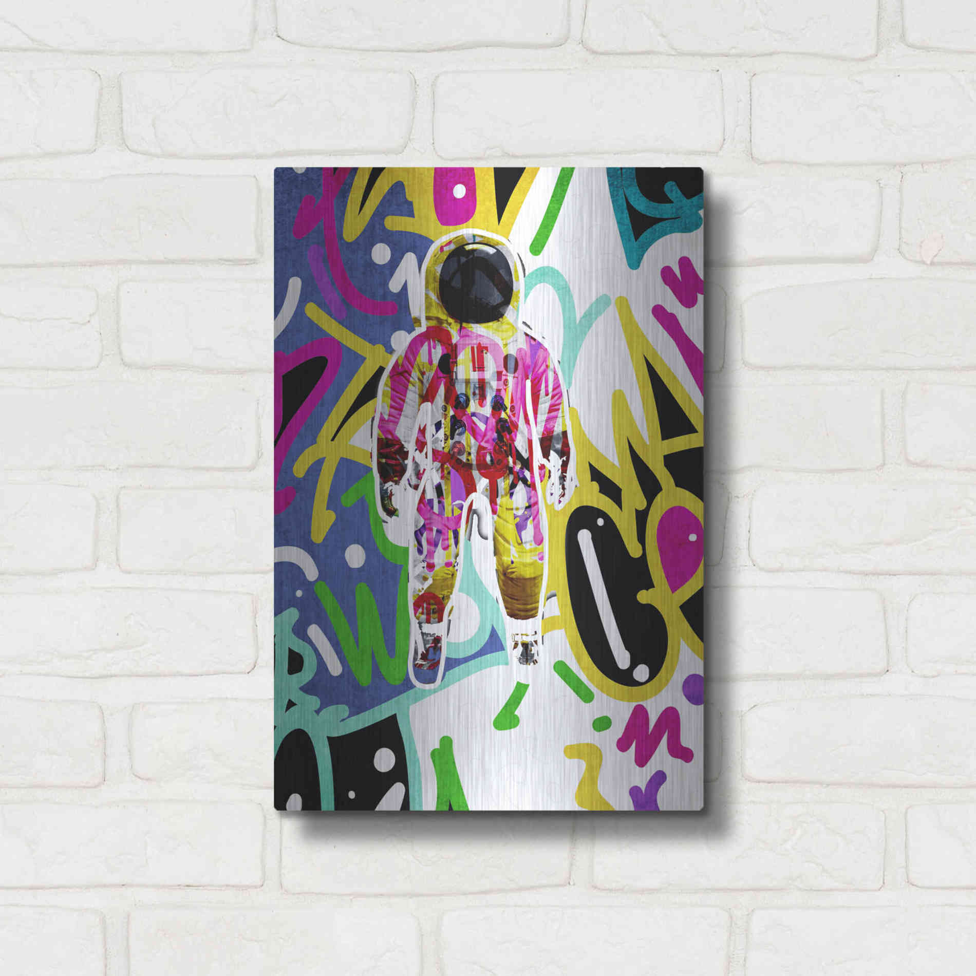 Luxe Metal Art 'Colorful Astronaut Graffiti Art 6 ' by Irena Orlov Metal Wall Art,12x16